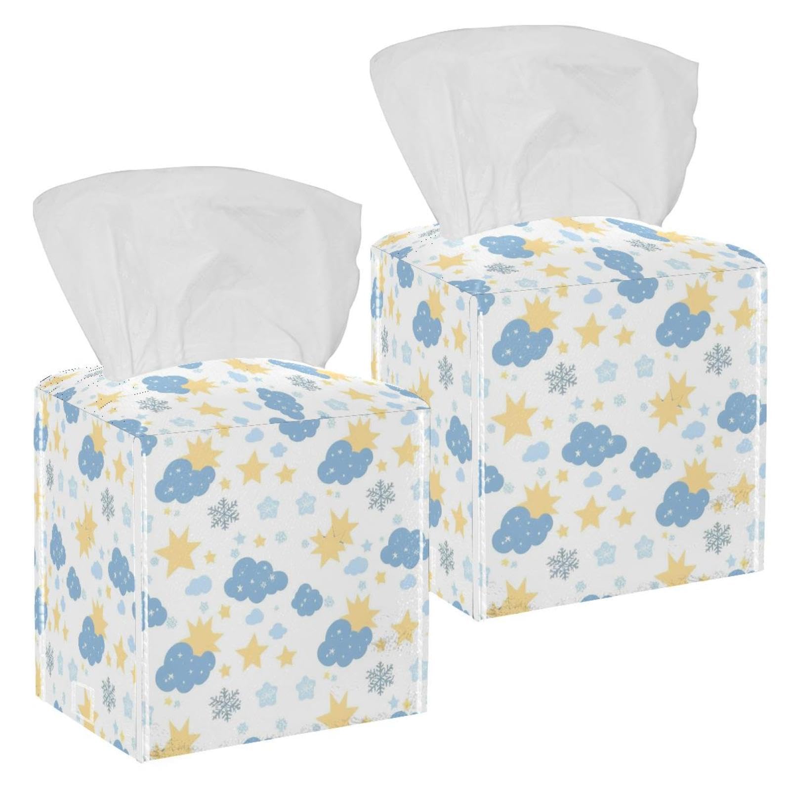 Stars and Moon Tissue Box Cover, 2 Pack PU Leather Square Facial Tissue Dispenser Box holder for Home Office Car