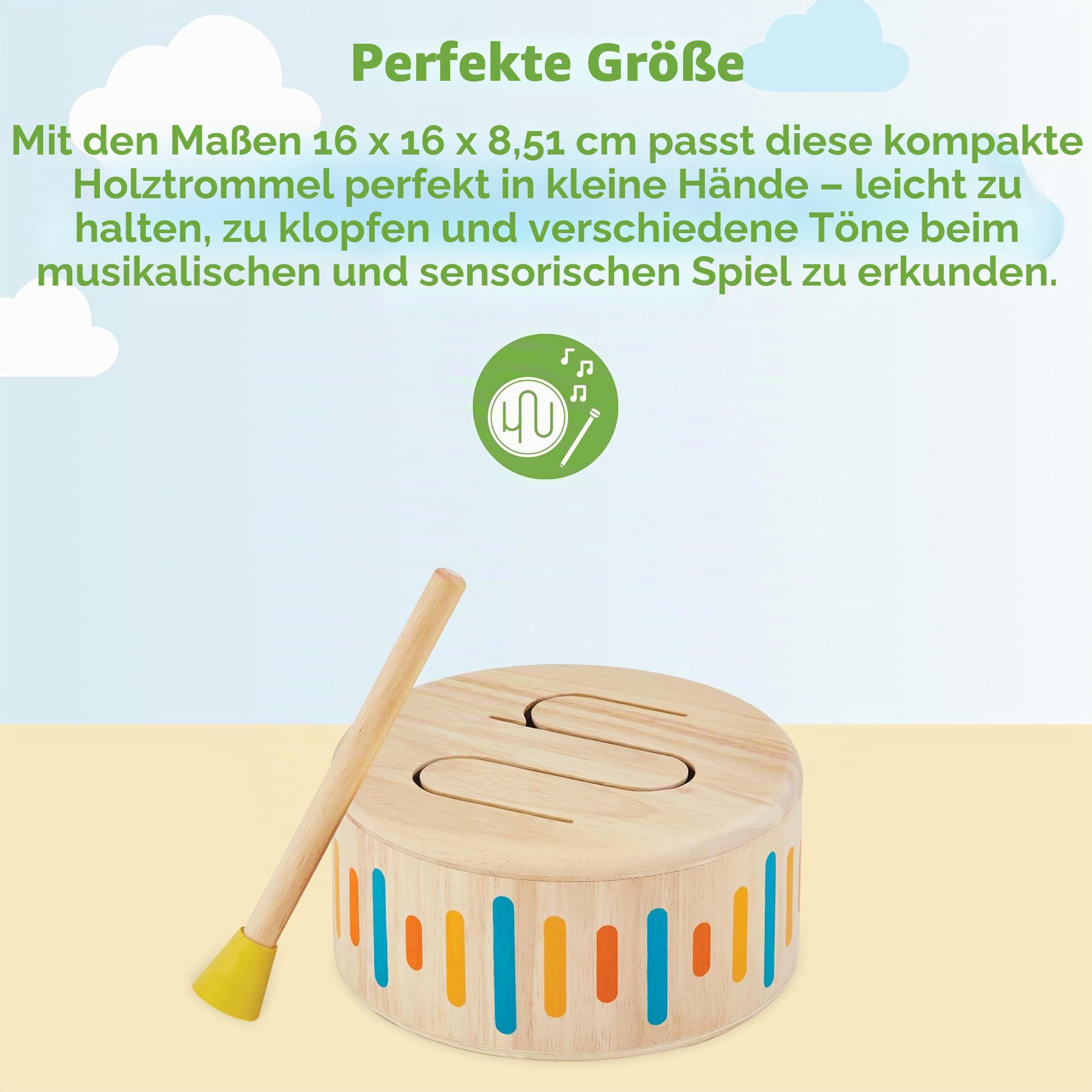 PlanToys Schlagzeug Kinder - Trommel Kinder - Musik Spielzeug ab 1 Jahr - Kindertrommel aus Holz - Kinderschlagzeug inkl. Trommelstock mit Gummikopf -Beige (Beige)