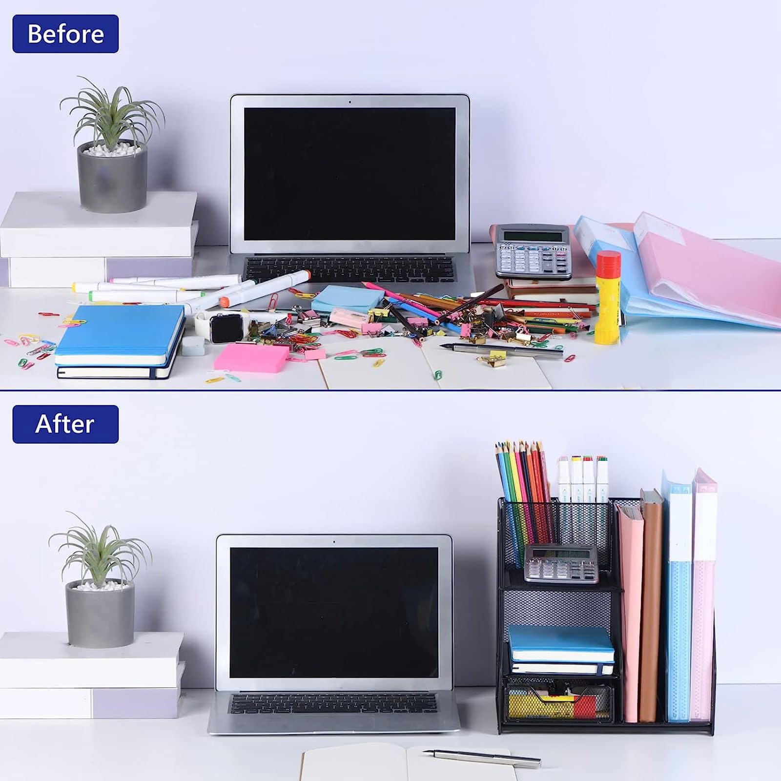 Multifunktionale Metall Briefablage mit herausnehmbarem Stifthalter und Schublade, Desktop Dokumenten Organizer aus Metall für Büros, Schreibtisch Aktenplaner