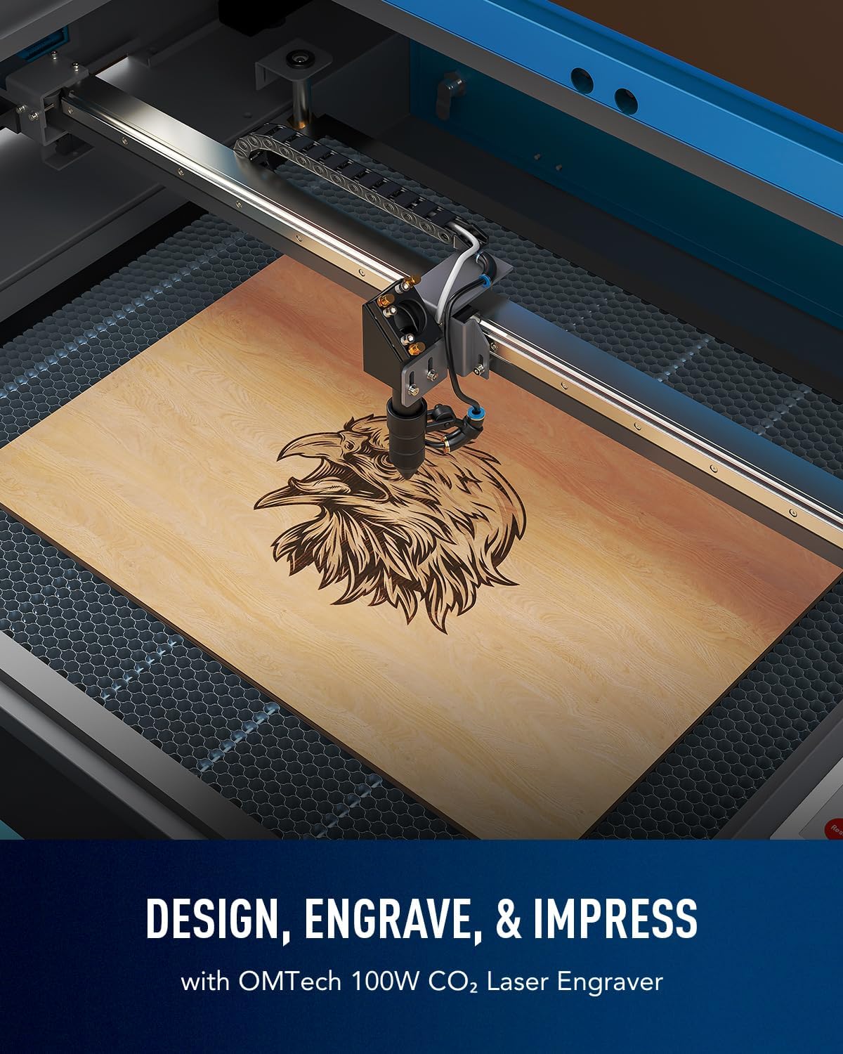 Laser engraver actively engraving an eagle design on wood