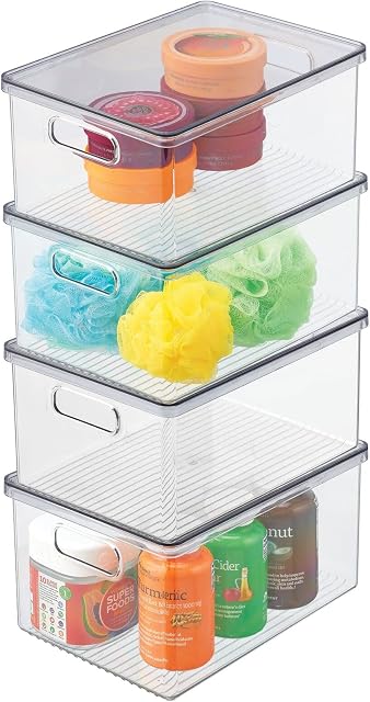 mDesign Set of 4 Cosmetic Organiser for Bathrooms and Bedrooms Practical Make-Up Organiser with Lid Stackable Bathroom Storage Box for Toiletries and Cosmetics Clear/Grey