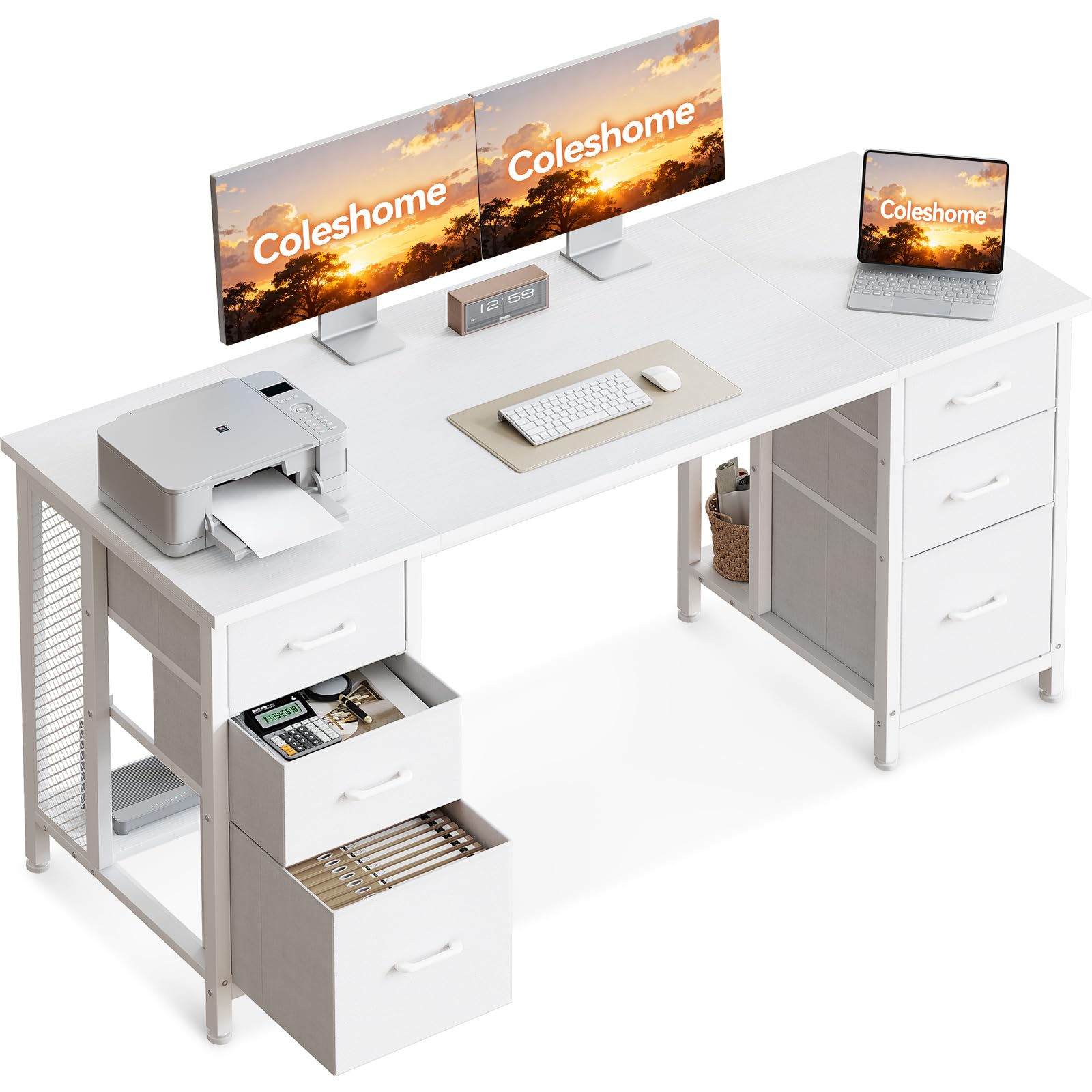 Coleshome Scrivania con 6 Cassetti, 160x52 cm Scrivania Salvaspazio, Scrivanie Ufficio con Ripiani per l'Ufficio di Casa, Bianca