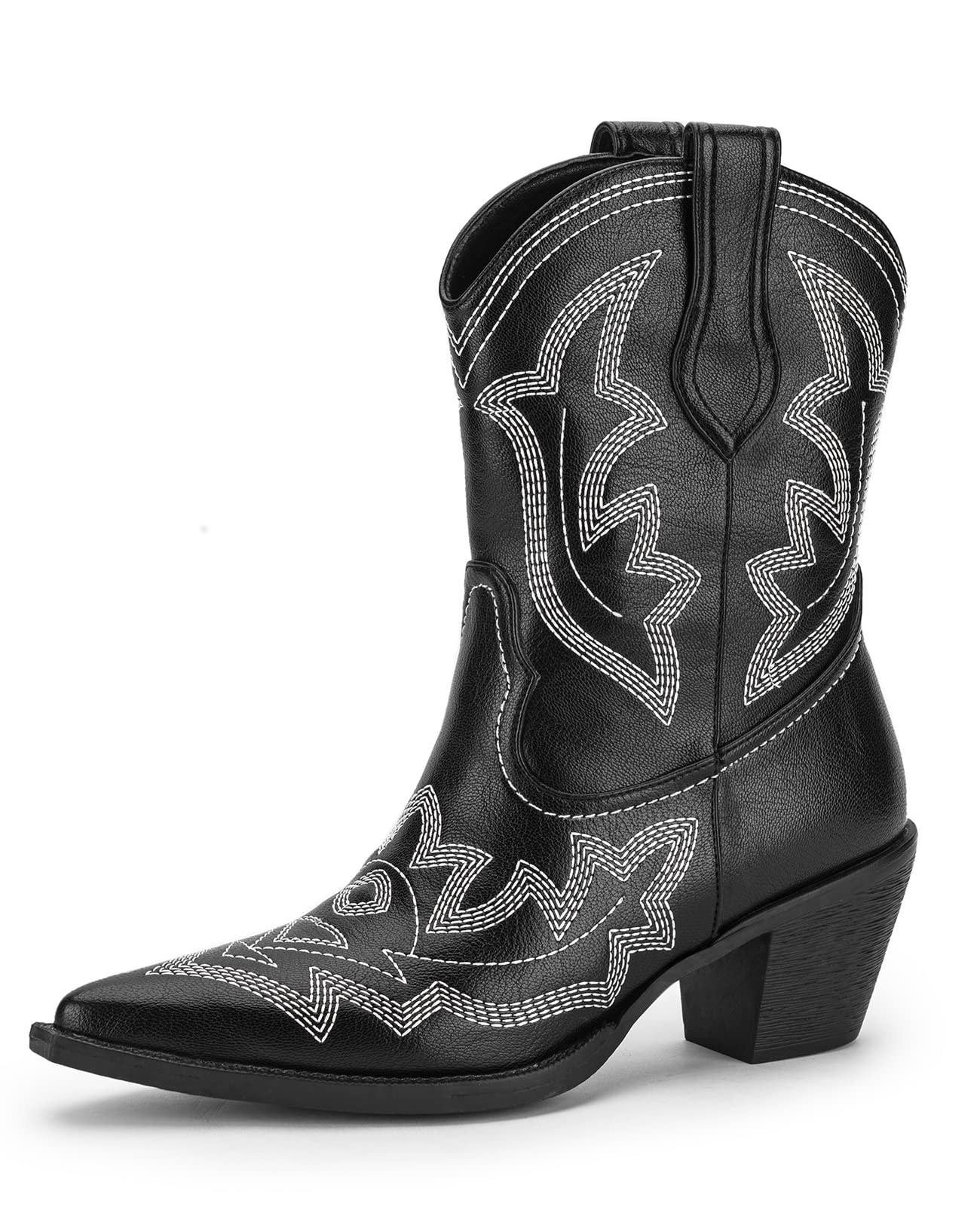 PasuotWestern Cowboy Boots for Women - Embroidered Cowgirl Ankle Boots, Slip On Pointed Toe Chunky Heel Fashion Retro Classic Short Boots Pull On for Girls Ladies Spring Fall