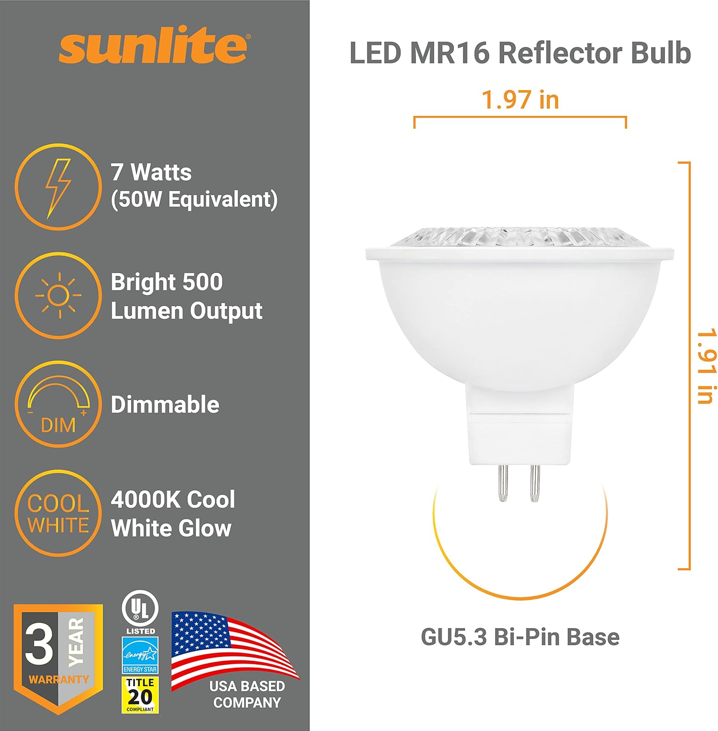 Sunlite LED MR16 Reflector Spotlight Bulb, 7 Watts (50W Equivalent) 12V, 500 LM, 90 CRI, GU5.3 Bi-Pin Base, Dimmable, T20 Compliant, UL Listed, 4000K Cool White, 6 Pack