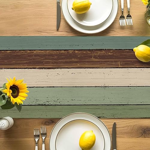 Miniatura 276 de Camino de mesa de algodón y lino estilo granja rústico retro, textura de madera de granero, color degradado marrón y gris, antideslizante,