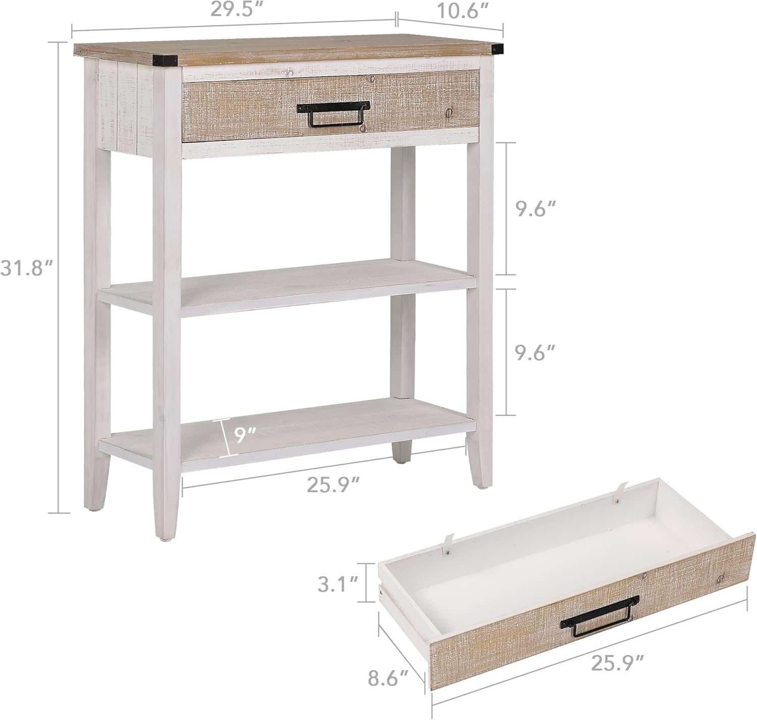 RUSTOWN Farmhouse Console Table with Drawer, 3-Tier Rustic Entryway Table with Open Storage Shelves and Handmade Metal Handle, Narrow Foyer Sofa Table for Living Room, Entryway, Hallway (Washed White)