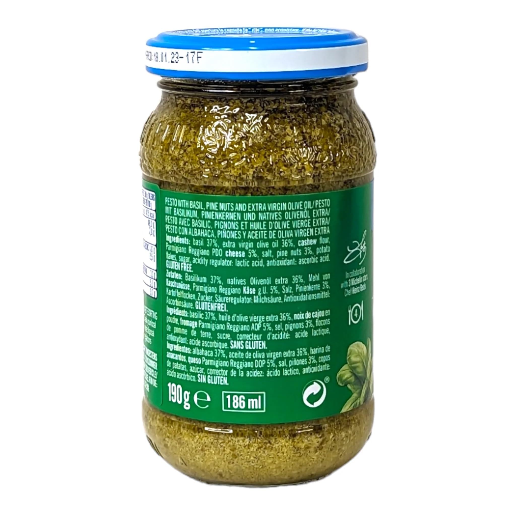 De Cecco – Pesto alla Genovese con Parmigiano Reggiano, sin ajo, salsa italiana auténtica de albahaca, tarro de cristal 12 x 190 g + Italian Gourmet polpa 400 g
