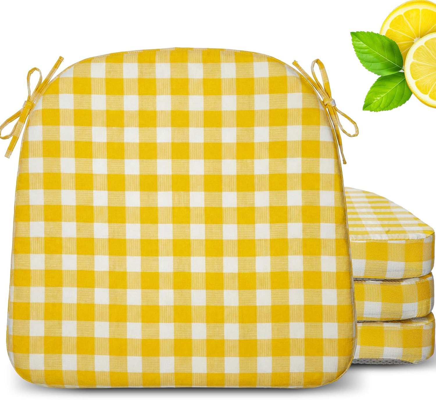 Geetery 4 Pack D-shaped Checkered Chair Cushion for Dining 17"x16"x2" Thick Buffalo Plaid Nonslip Chair Pad with Ties and Removable Cover for Home Outdoor Patio Room Indoor Seat Cushion (Yellow White)