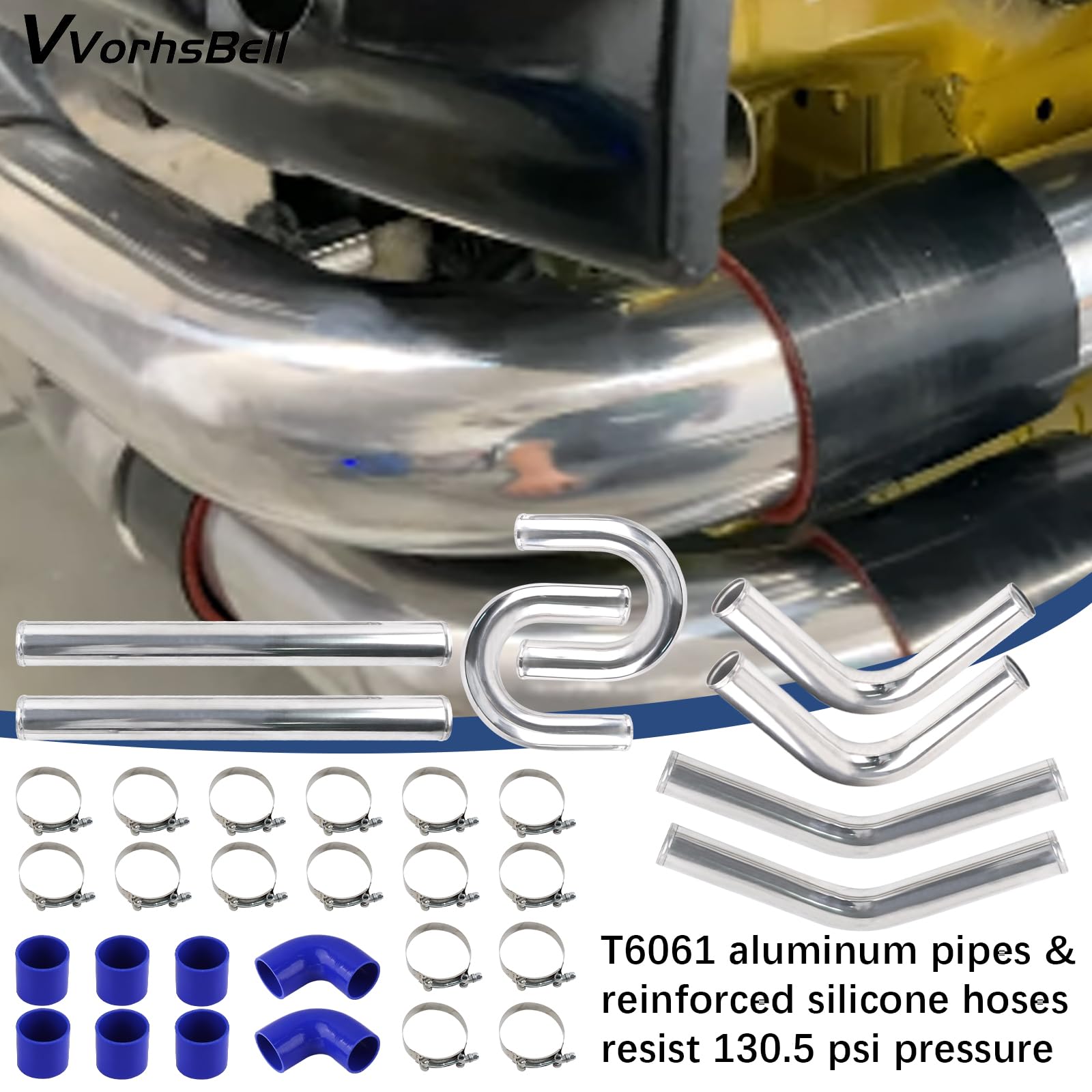 Set di tubazioni per intercooler turbo universale in alluminio da 2,5 pollici con tubi in silicone e fascette T per modifiche auto (Diesel/Gas)
