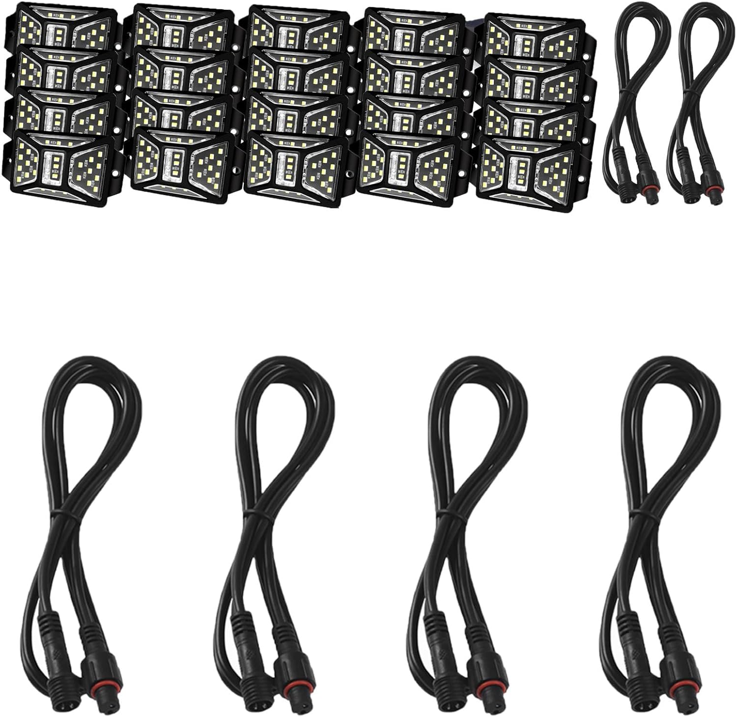20 Pods White Rock Lights with 2 Pack Connectors Extension Wires and 4PCS 4FT 2 Prong Rock Lights Extensions Wire