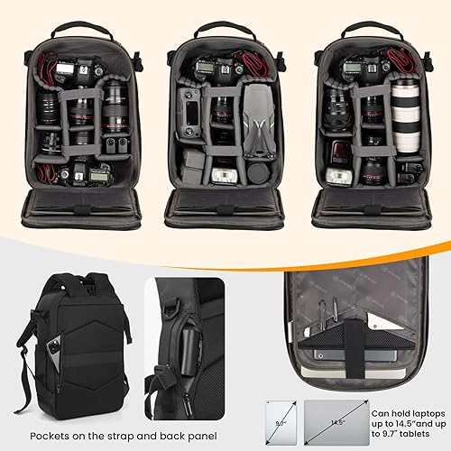 Vista 4 de TARION Mochila rígida para cámara – Estuche rígido de 3 lados Bolsa para cámara profesional con compartimento para laptop de 14.5 pulgadas y Negro