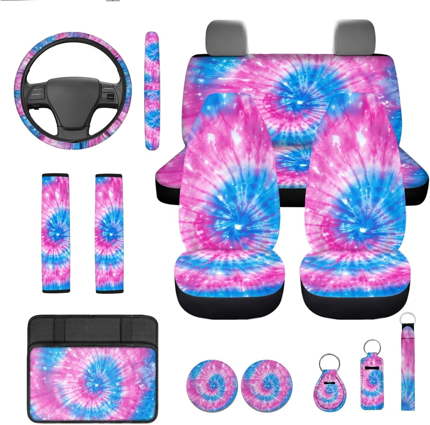 INSTANTARTS Colorful Tie-Dye Car Seat Cover Set Includes Seat Belt Cover Armrest Cover Pad Key Fob Lipstick Cover Steering Wheel Cover Coaster 13 Pieces Car Cover for Women