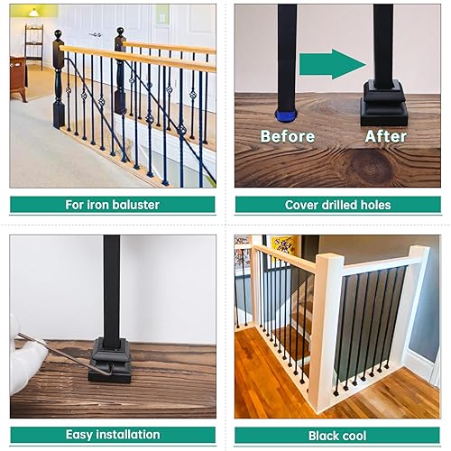 Miniatura 3 de Muzata Paquete de 10 zapatos de balaustre de hierro con tornillo para balaustre cuadrado de 12 pulgadas, zapatos de nivel de eje de escalera color