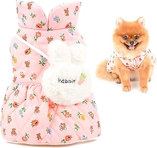 SMALLLEE_LUCKY_STORE Pet Clothes Girls Puppy Cotton Padded Floral Winter Dress Fleece Lind for Small Medium Dog Cat with Cute Rabbit Bag Yorkie Chihuahua Warm Apparel,Pink,S