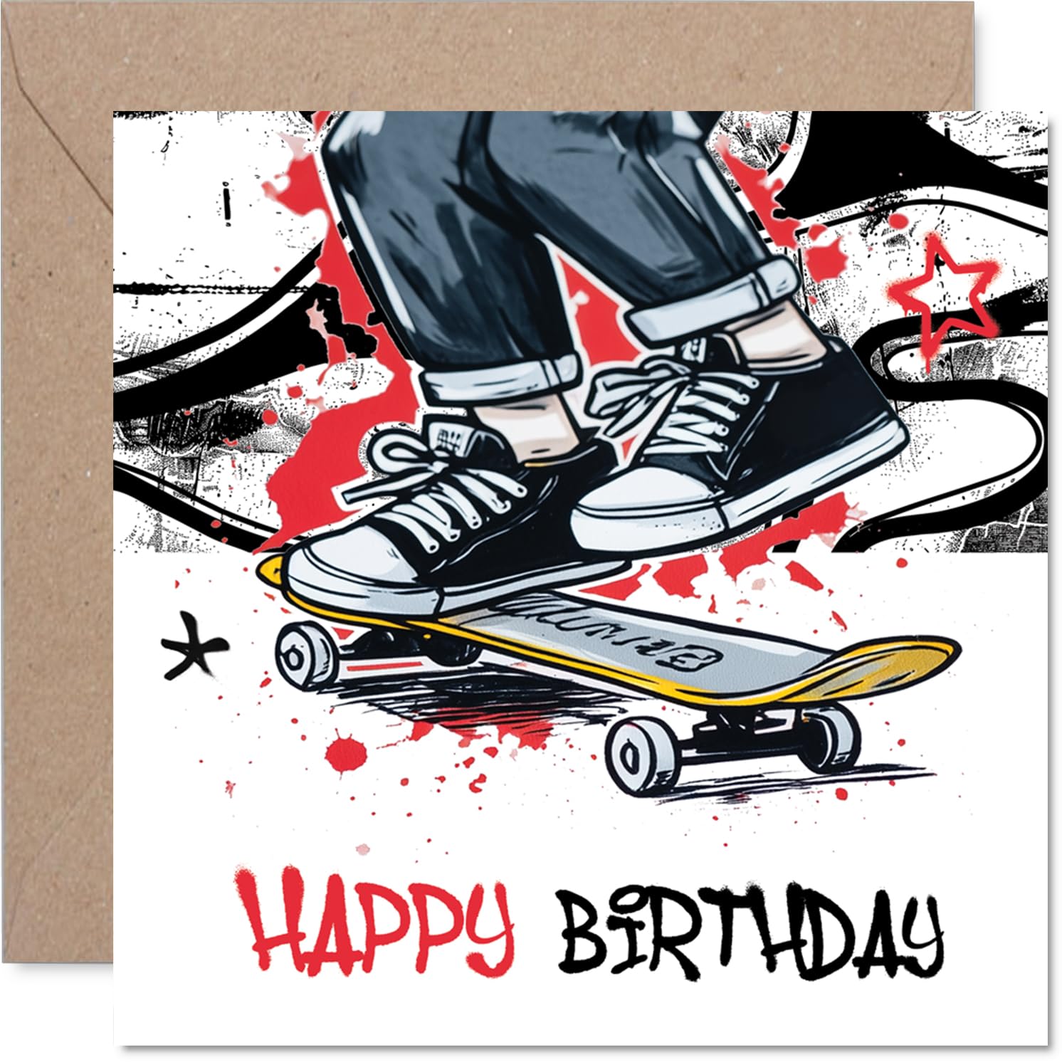Playful Birthday Card - Full of Energy - Dynamic Skateboarder Illustration with Vibrant Red and Yellow Accents - 145mm Square, Envelope Included