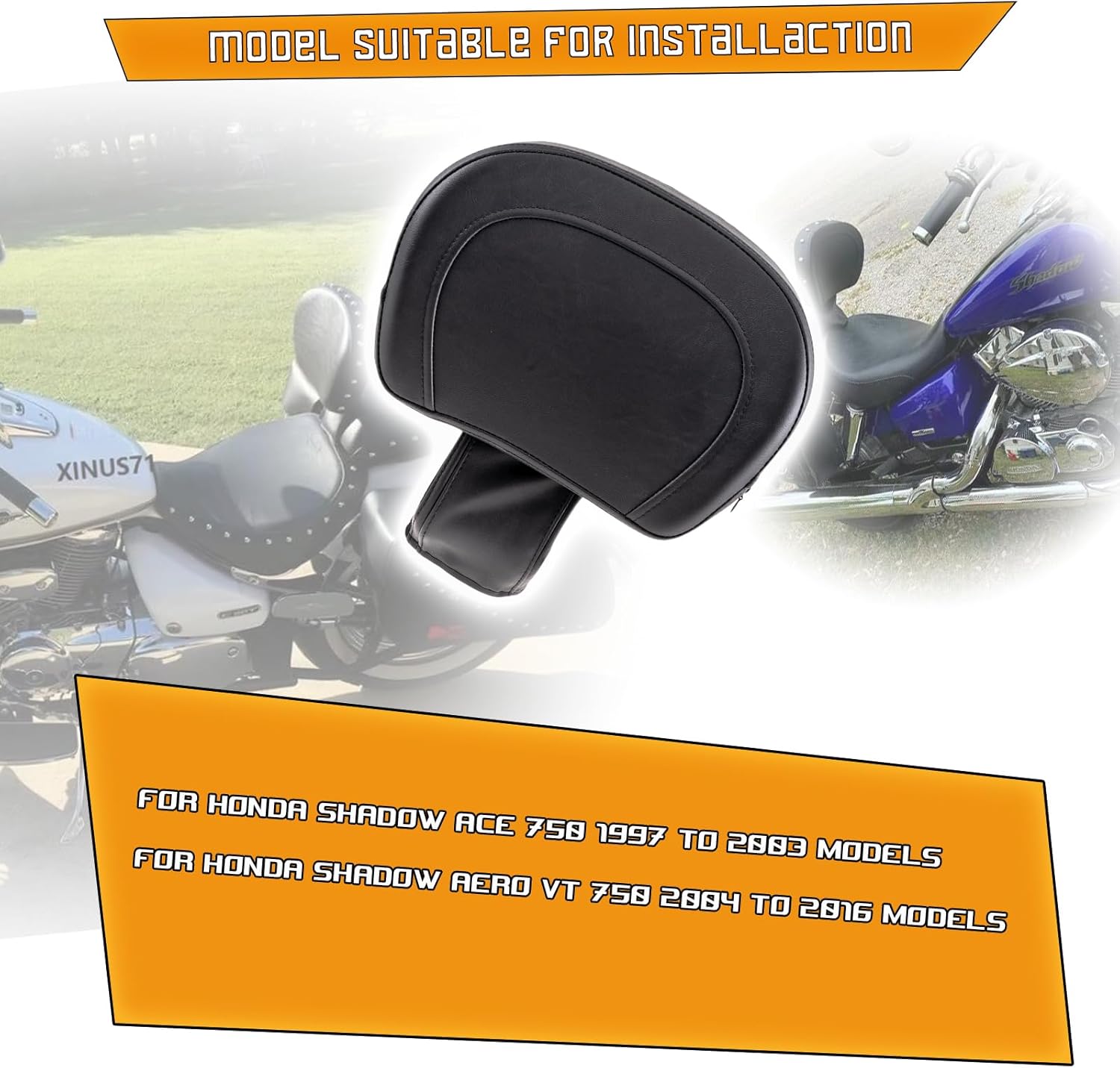 Kinglemc Adjustable Driver Rider Touring Backrest for Honda Shadow AERO VT750 2004-2016;Shadow ACE 750 1997-2003 (Black-Nod-Studded)