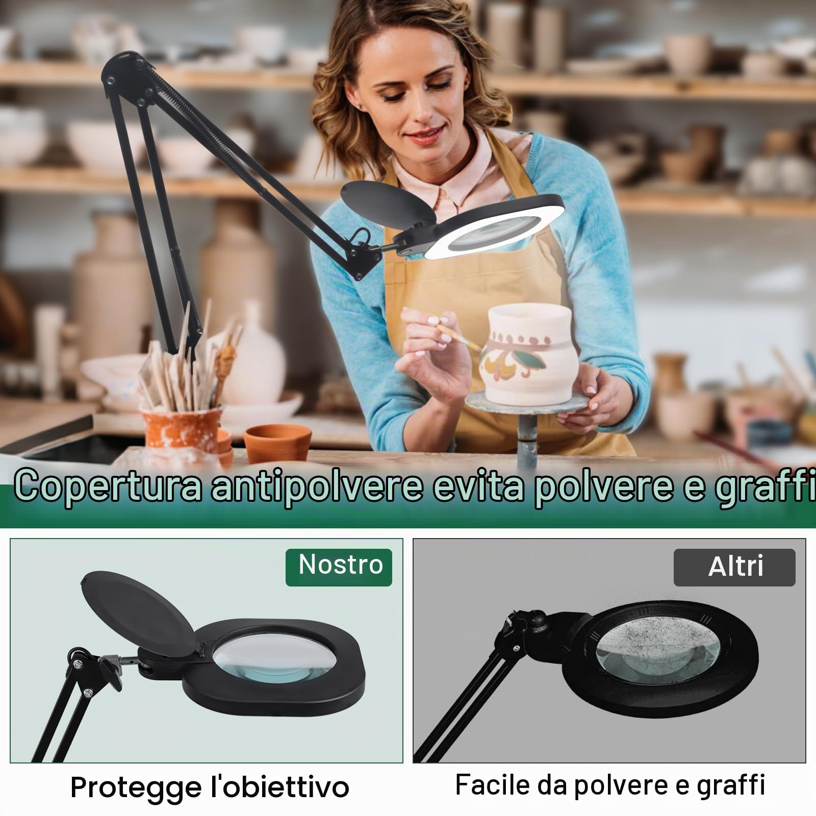 CGBE 10X Lampada Ingrandimento con Luce per Lavori di Precisione | 2 in 1 Base e Morsetto, Lente di Ingrandimento con Luce con Braccio Orientabile, Luminosità e Altezza Regolabili