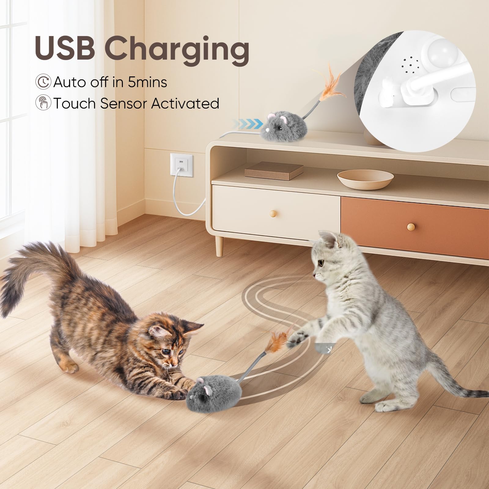 Pawingcat Katzen-Maus-Spielzeug, Fernbedienung mit 2 Modi, 3 einstellbare Geschwindigkeiten | Bewegliche interaktive Plüschmaus, für Hauskatzen, mit Federschwanz, USB-Aufladung