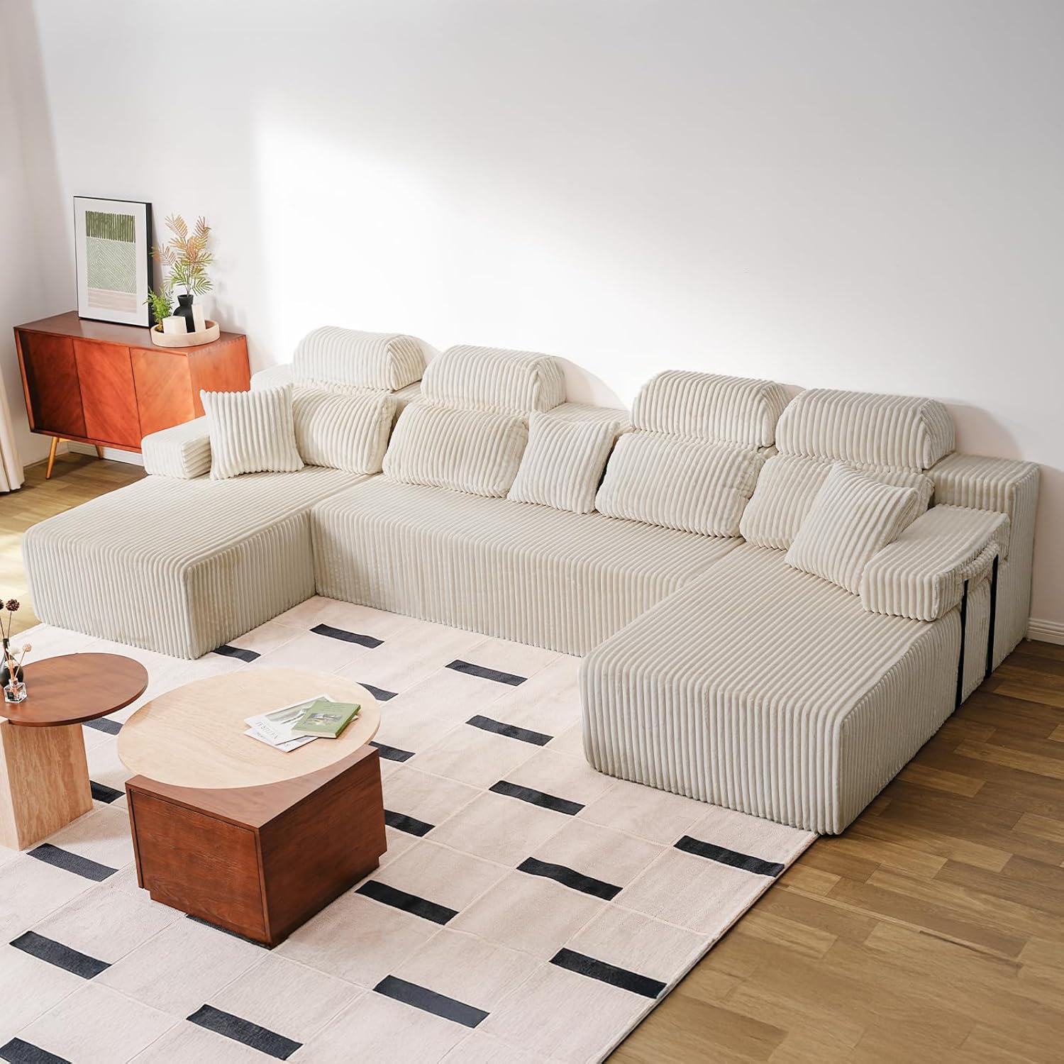 HOMRELEXA 141’’ Cloud Sectional Couch with High Backrest, Convertible U-Shaped Modular Sectional Sofa with Deep Seat, Soft Corduroy Upholstery, Boneless Couches Comfortable for Living Room(Beige)