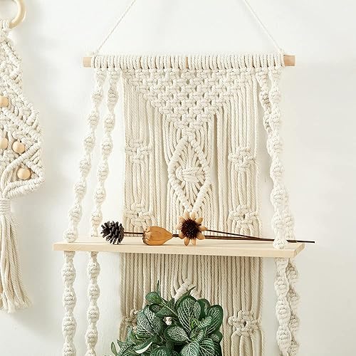 Miniatura 4 de Cyxunand Estante de macramé para colgar en la pared, estantes bohemios para colgar en la pared de plantas pequeñas, marcos de fotos, decoración del