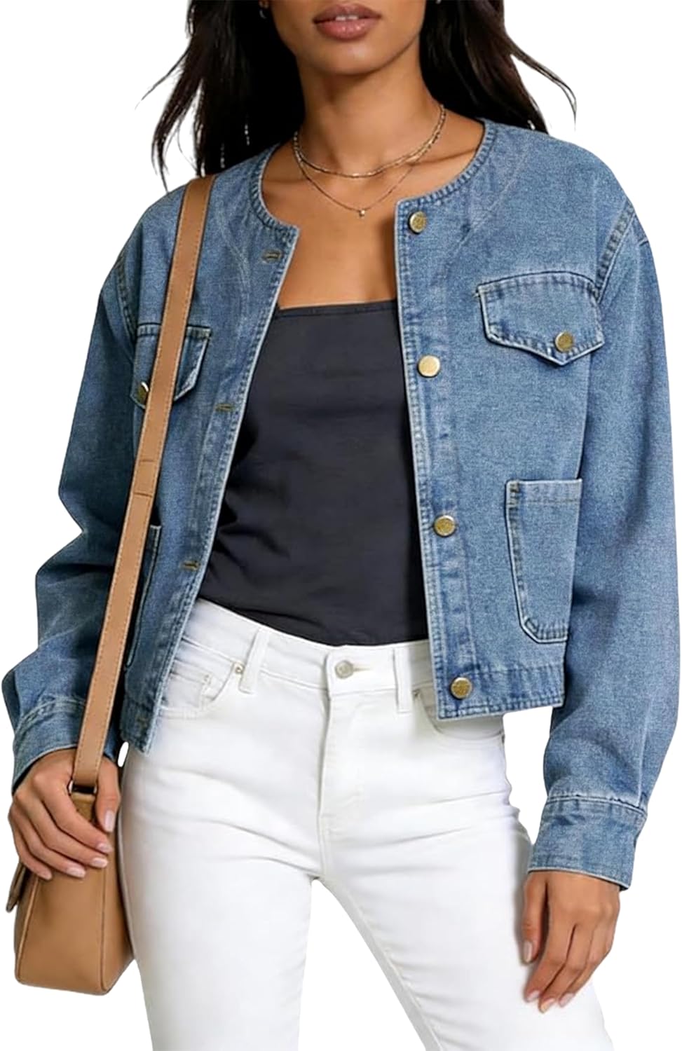 Omoone Women's Short Denim Jacket Spring Summer Long SLeeve Button Down Cropped Jean Jacket with Pockets