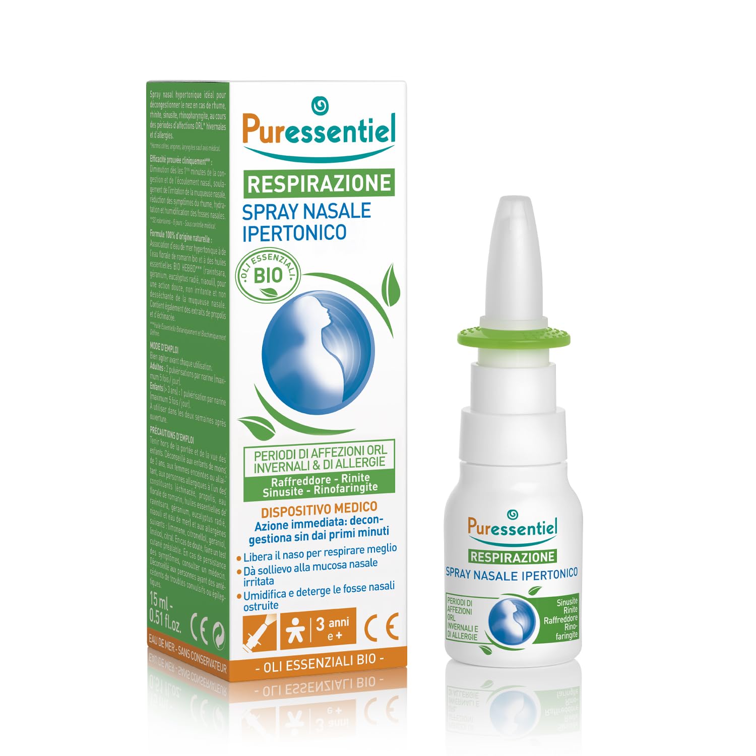 Puressentiel – Respirazione – Spray Nasale Decongestionante – Dispositivo medico – Decongestiona sin dai primi minuti - Raffreddore, rinite, sinusite – Formula 100% origine naturale - 15 ml