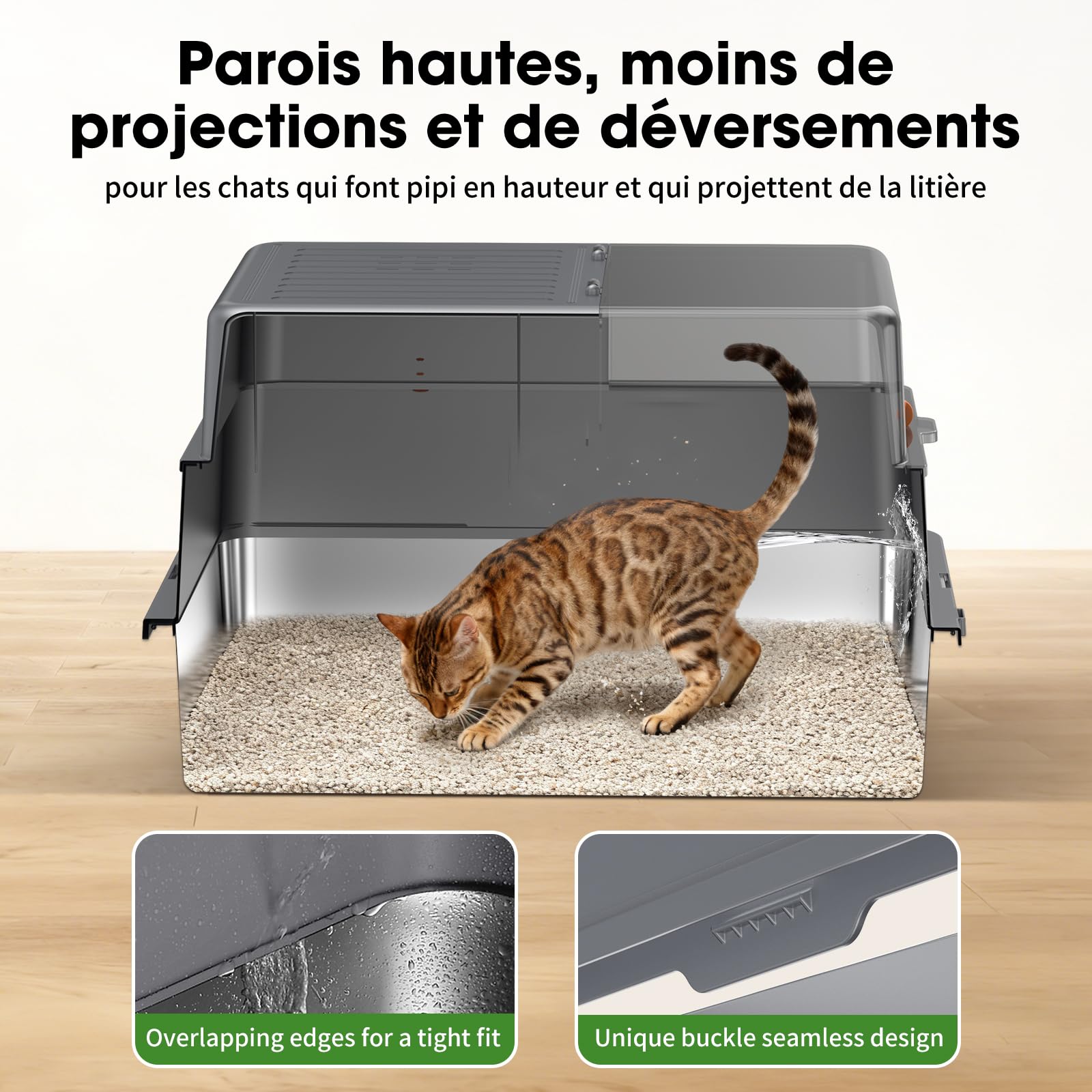 Bac à Litière INOX XXXL – Grand Bac Ouvert pour Chat, Gris foncé | Bords Hauts Anti-Fuite, Panneaux Semi-Transparents, Cuve Profonde Amovible, Surface Antiadhésive, Nettoyage Facile