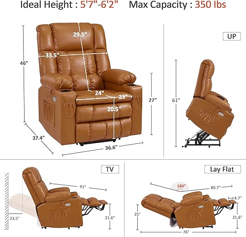 Miniatura 34 de MCombo Silla reclinable eléctrica de doble motor para personas mayores, silla elevadora plana con calor y masaje, portavasos, puertos USB, piel