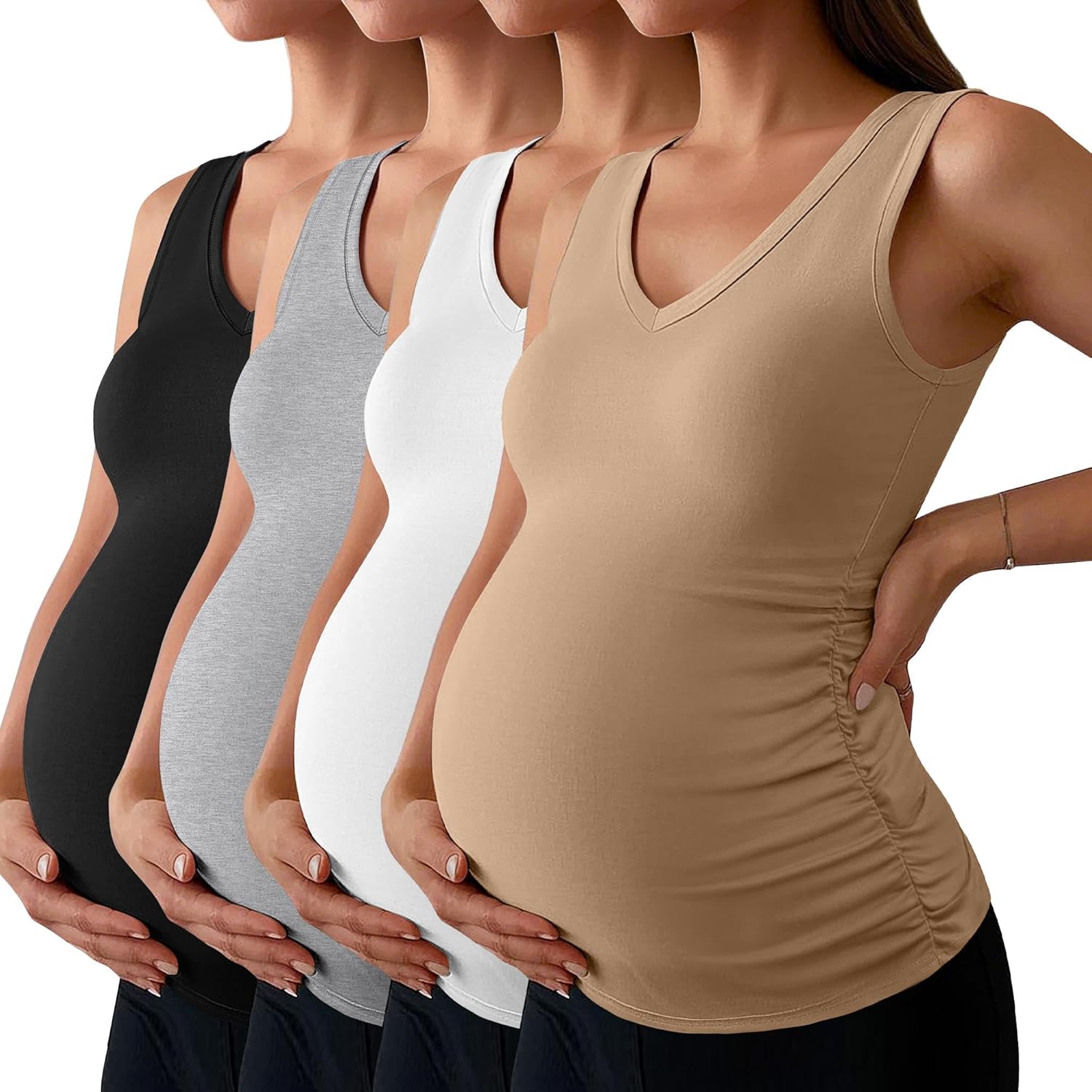 Ficerd 4 Pack Women's Maternity Tank Tops V Neck Summer Side Ruched Sleeveless Cotton Blend Basic Pregnancy Shirts