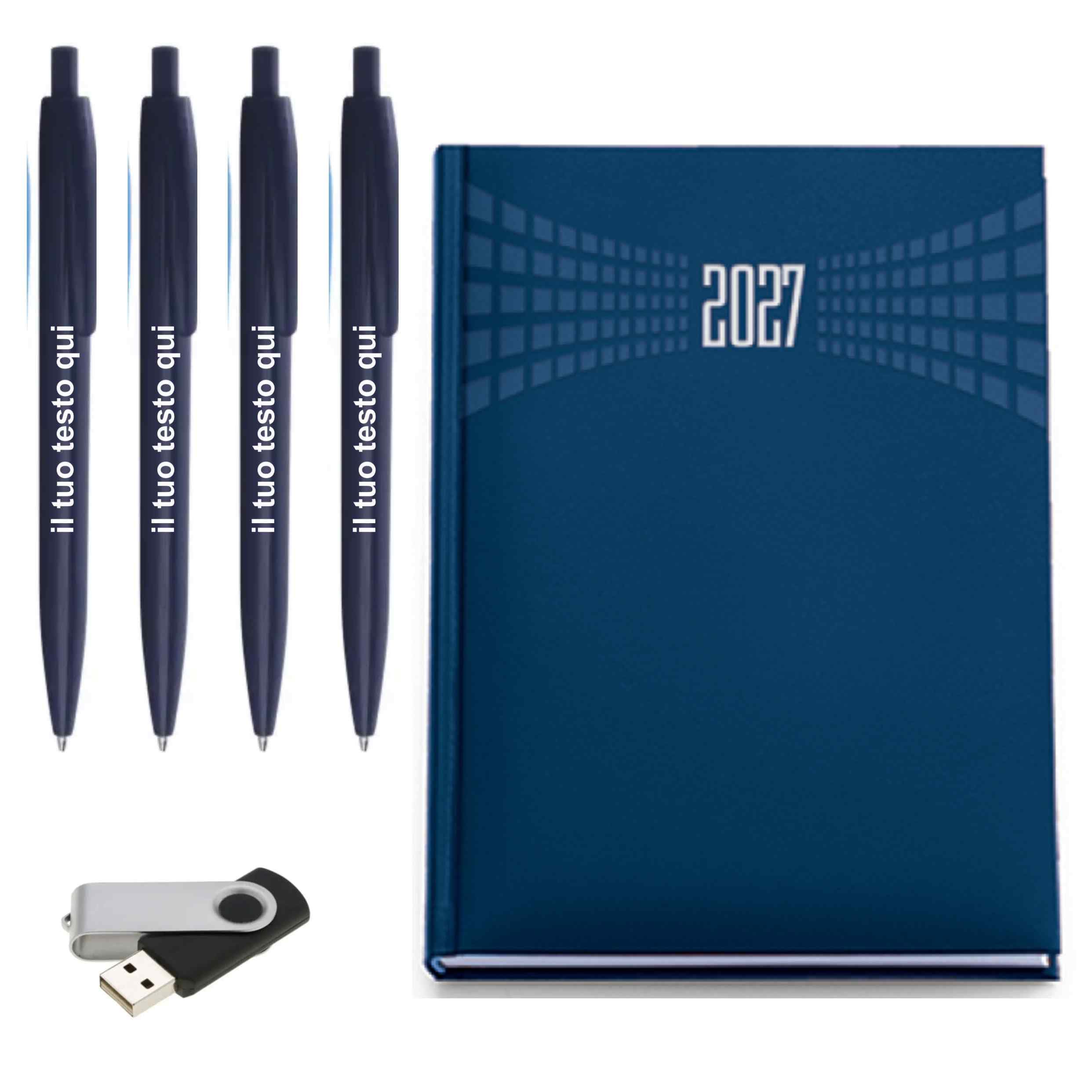 Kit Personalizzabile 100 Calendari 2027, 100 Penne a Sfera Blu, 1 Chiavetta USB 4GB e 1 Agenda Giornaliera Blu - Made in Italy - Idea Regalo Set Personalizzato (Assortito, 1 Kit)