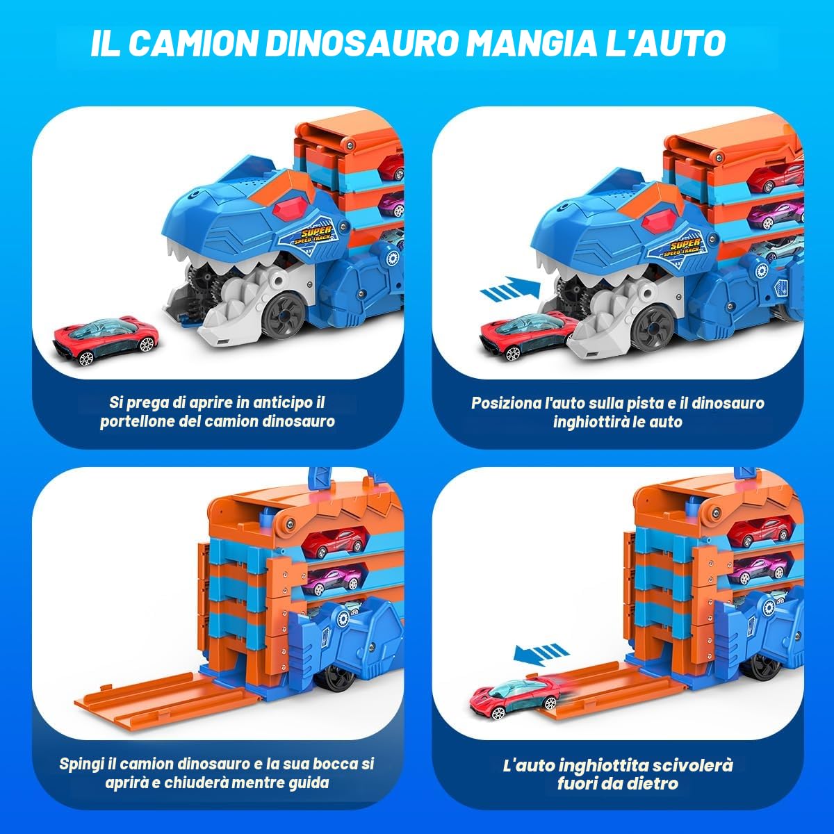 TERRAMUS Camion Trasporto Dinosauro - Set di Giocattoli Auto 3 in 1 con Eiezione, Pista Pieghevole Portatile per Bambini con 8 Auto da Corsa, Set di Giocattoli Auto Portatili per Bambini Ragazzi 3-5