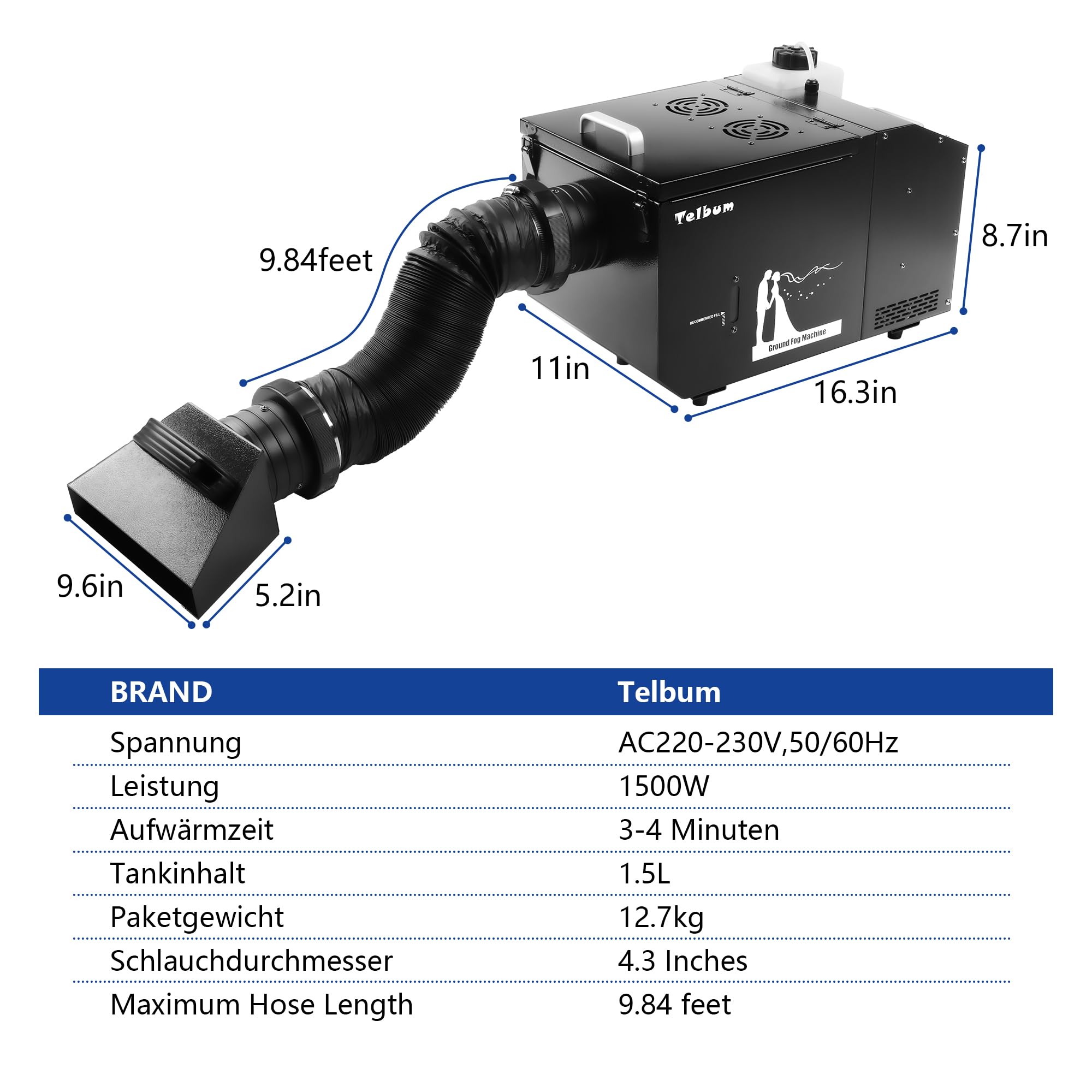 Telbum 1500W Boden Nebelmaschine mit Schlauch, Nebelmaschine Bodennebelmaschine mit Fernbedienung, DMX 512, Manuelle Steuerung, Timerfunktion, Rauchmaschine Fog Maschine für Halloween, Bühne, Hochzeit