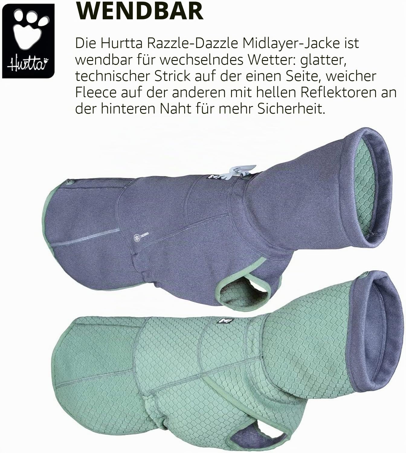 Hurtta Razzle-Dazzle Midlayer Jacke für Hunde, verstellbar, wendbar, Pull On, unter Regenmänteln und Wintermänteln zu verwenden - Blackberry/Grau-Grün 55 cm