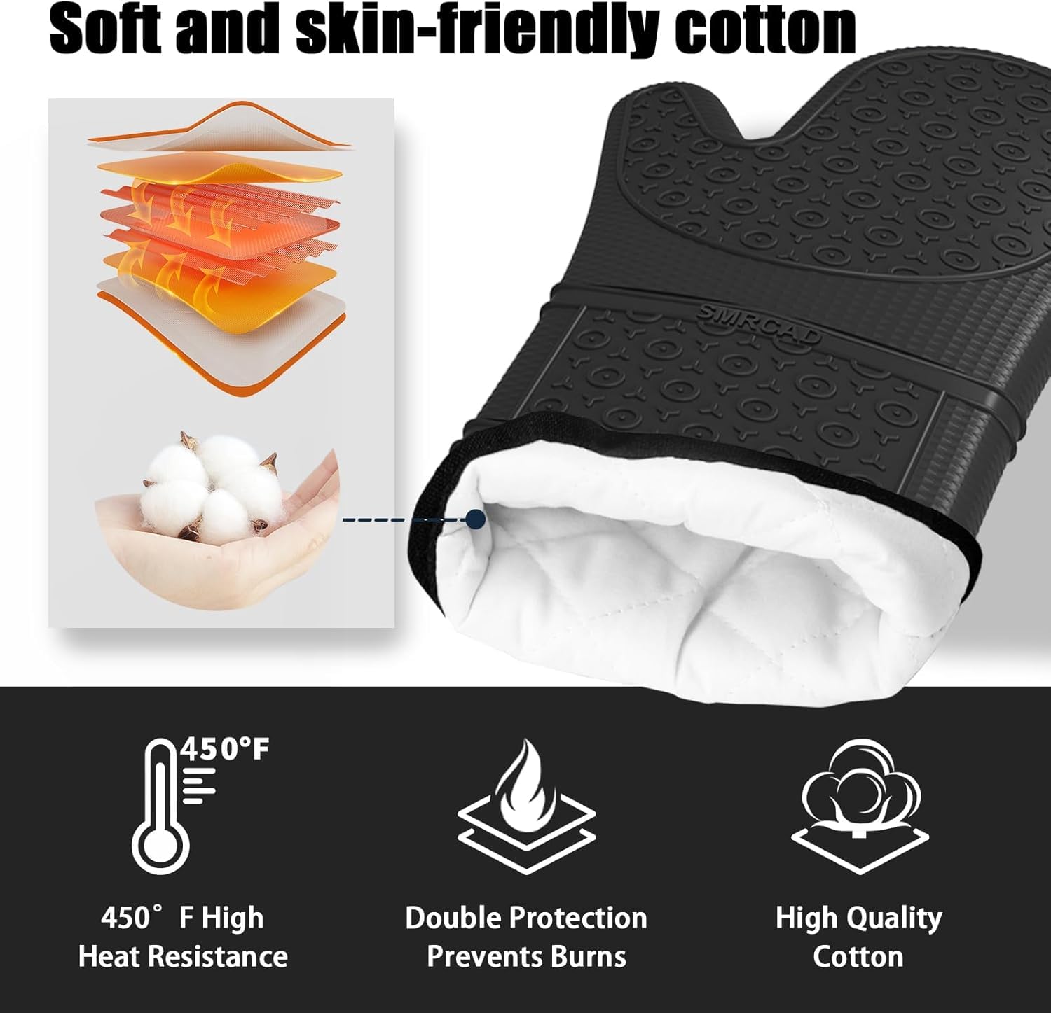 Guantes de horno de silicona con almohadillas calientes resistentes al calor y juego de cinco espátulas diseñados para cocina, hornear, cocinar, forro de algodón suave, impermeable, sin BPA (negro,
