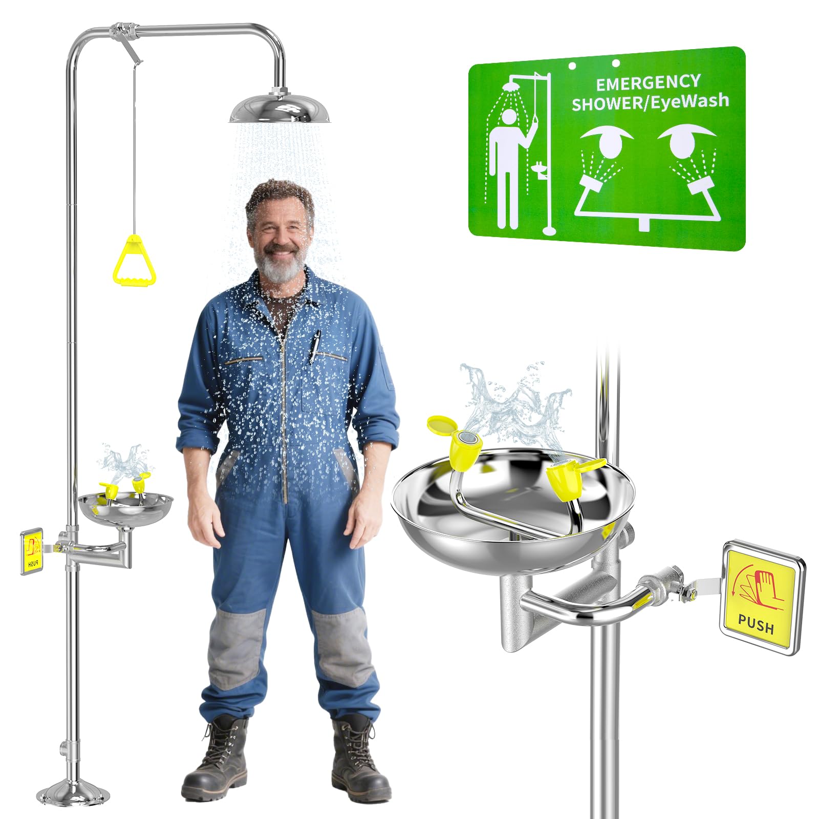 304 Stainless Steel Combination Emergency Eye Wash Shower Station, Industrial & Commercial Level with Emergency Sign, NPT Thread, Safety Eyewash Stations, ANSI Z358.1-2014 Standards.