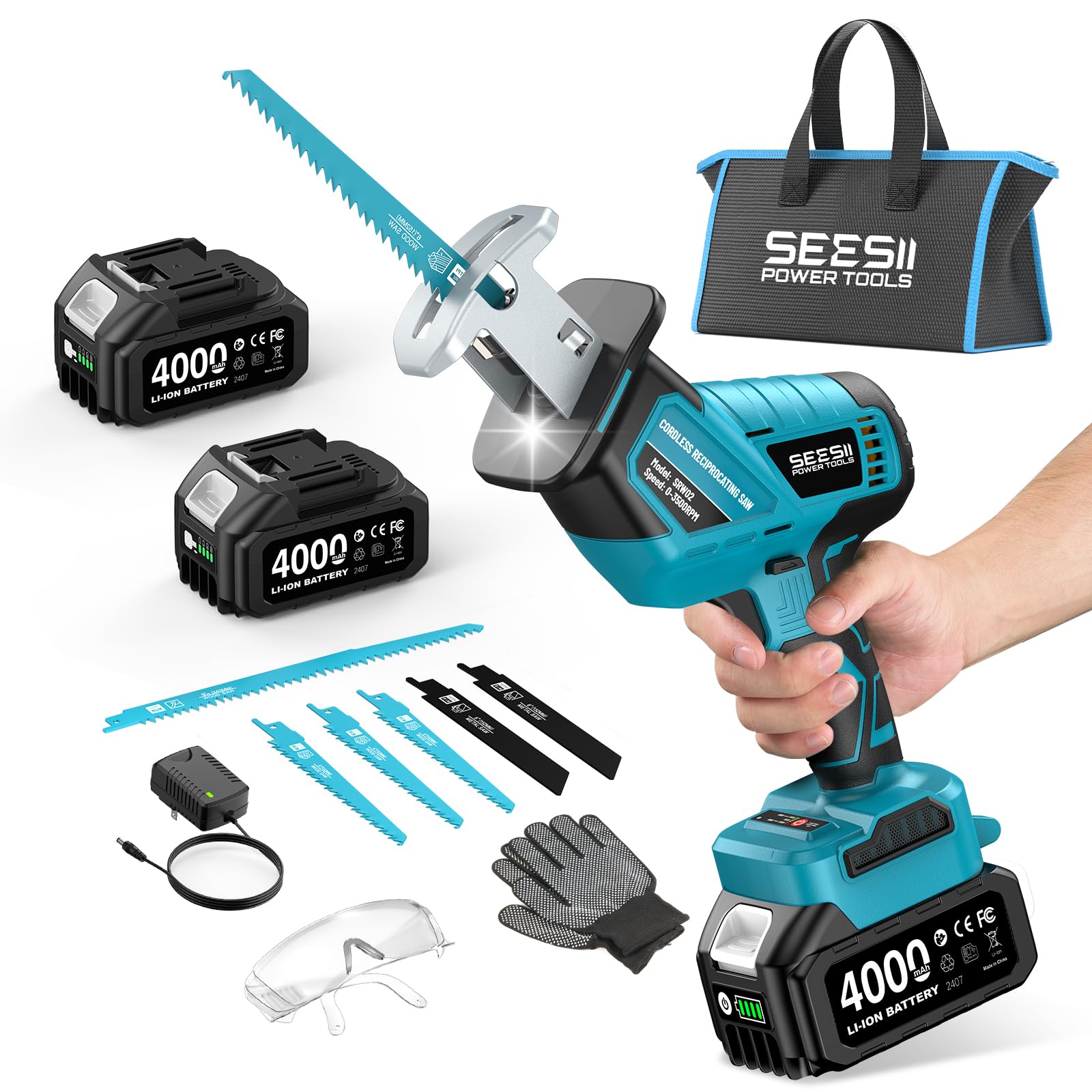 SEESII Cordless Reciprocating Saw 21V, 2 Battery 4.0Ah Reciprocating Saw, 3500 RPM Brushless Motor, LED Light, 8 Portable Saw Blades for Wood PVC Cutting