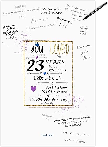 Póster de libro de invitados para fiesta de cumpleaños número 23, pancarta de decoración de centro de mesa para mujeres u hombres que cumplen 23