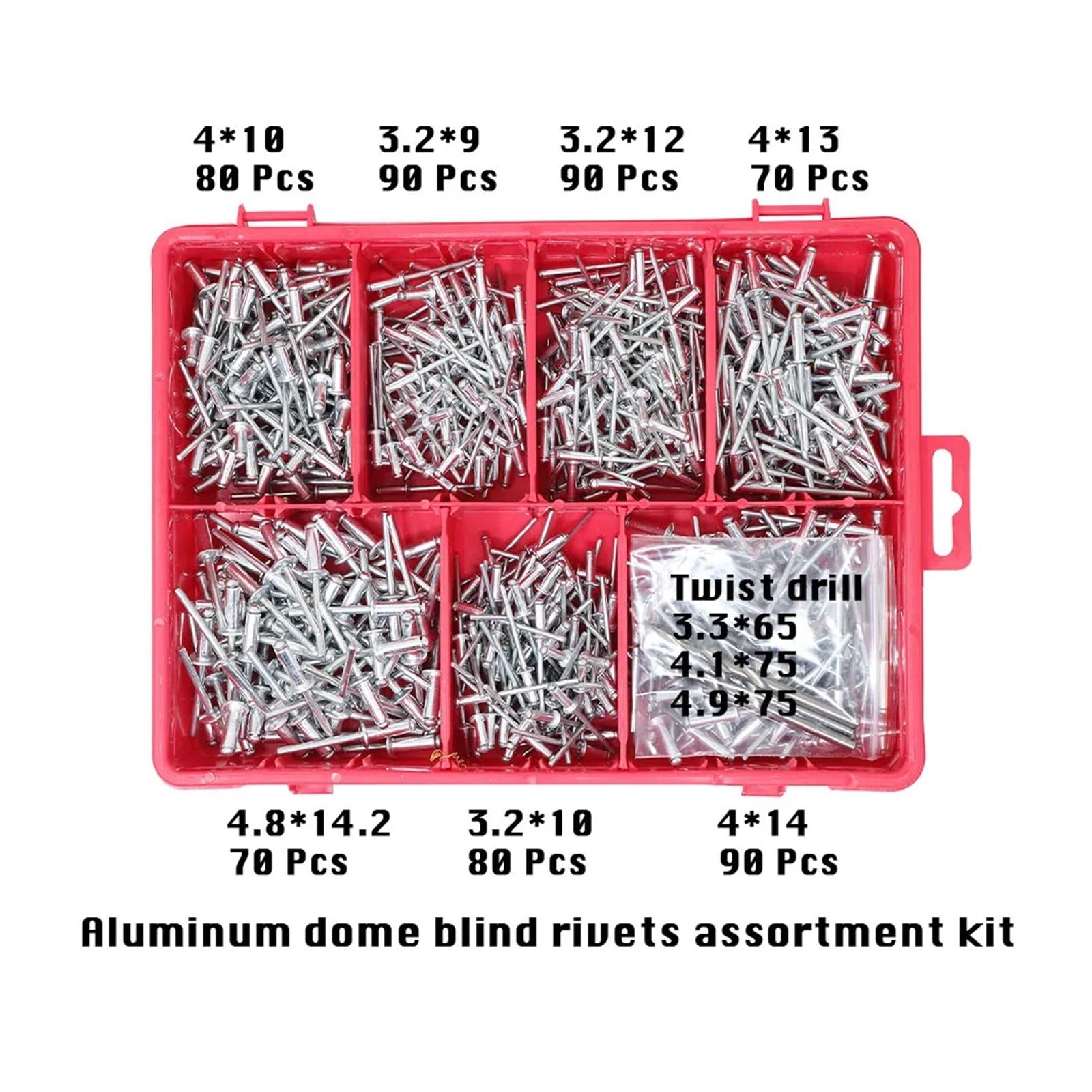 Kit surtido de remaches ciegos con cabeza de cúpula de aluminio de cabeza pequeña, 570 piezas + taladro, 3 piezas de clavos de cobre Remaches