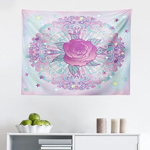 Ambesonne Indie Tapestry, Psychedelic Mandala Inspired Round Rose 80s 90s Retro Vintage Vibrant, Fabric Wall Hanging Decor for Bedroom Living Room