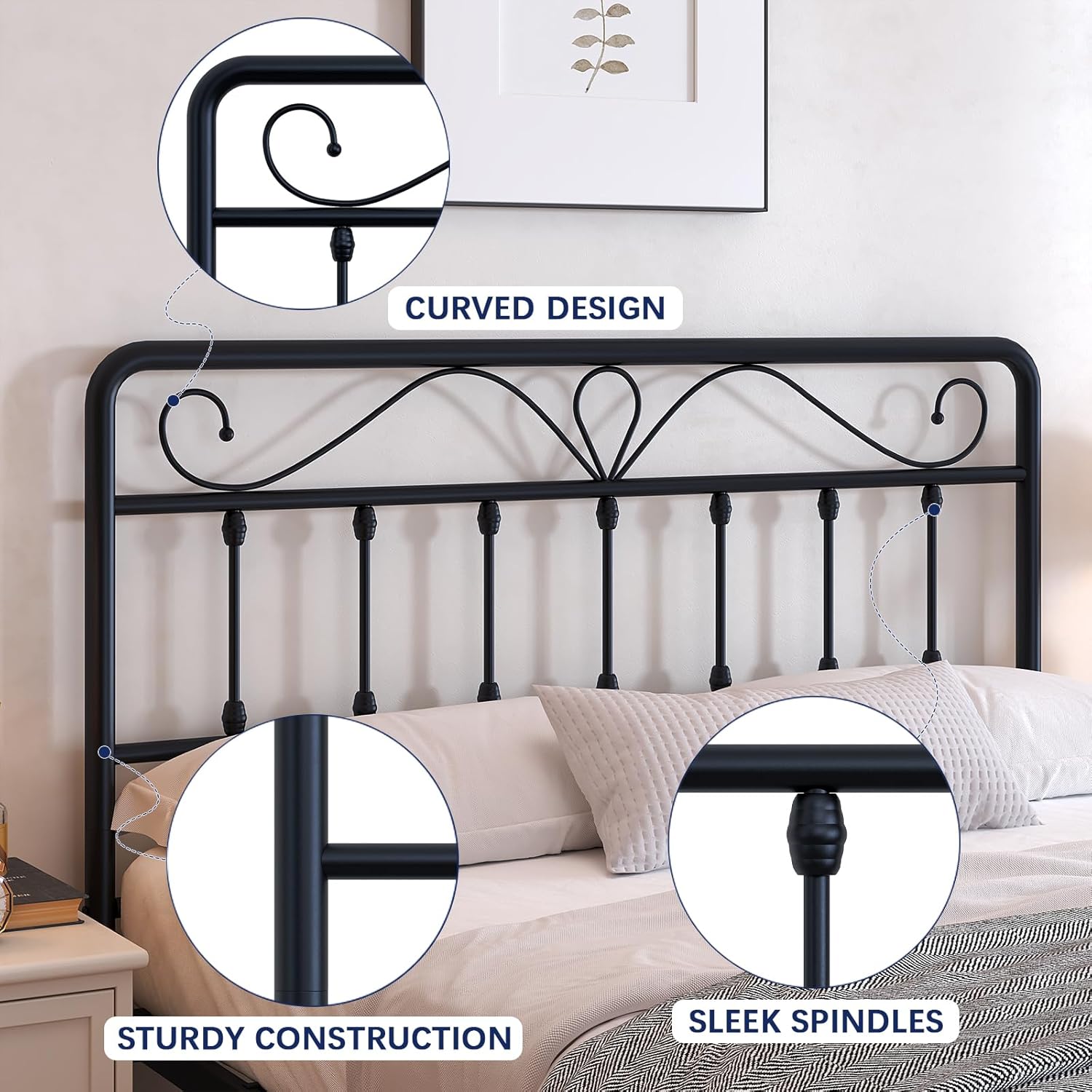 Elephance Full Size Headboard Only for Bed Frame,Victorian Style Platform Bed Metal Headboard,Height Adjustable,Full Size, Easy Assembly, Black