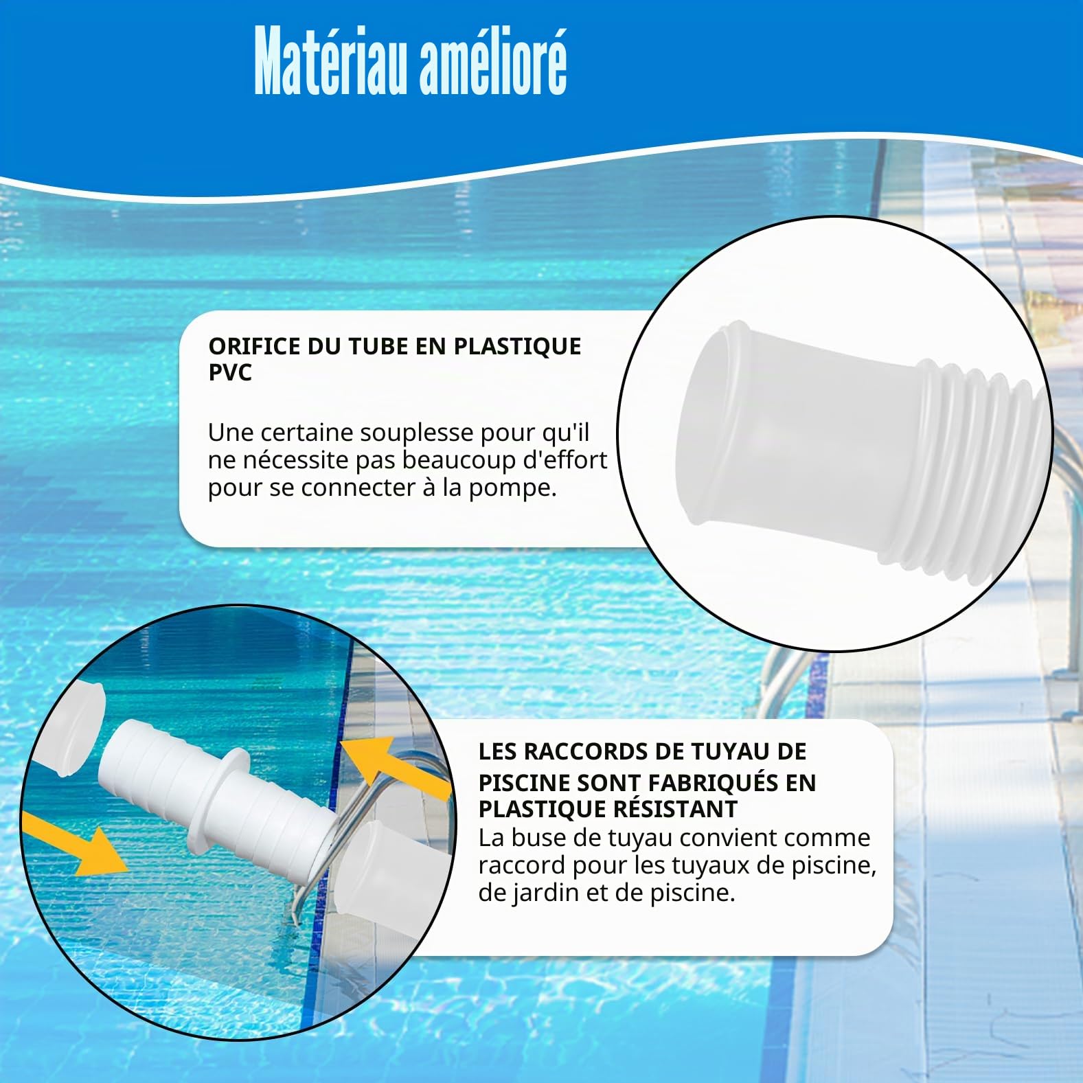Lot de 2 tuyaux de piscine de 32 mm pour pompes de piscine avec 4 clips de sécurité et 1 raccord de tuyau, idéal pour les pompes de filtre, les nettoyeurs de piscine, les chauffages de piscine et les