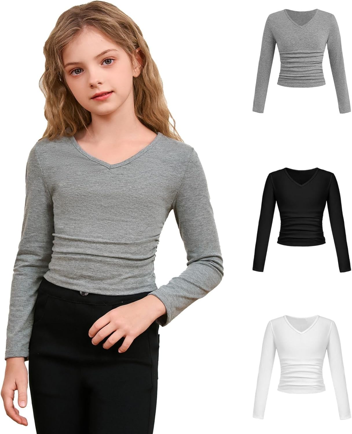 SOLY HUX 3 Pack Girl's Long Sleeve Shirts V Neck Basic T-Shirts Ruched Tops Spring Fall Layering Tees 8-12 Years - Image 2