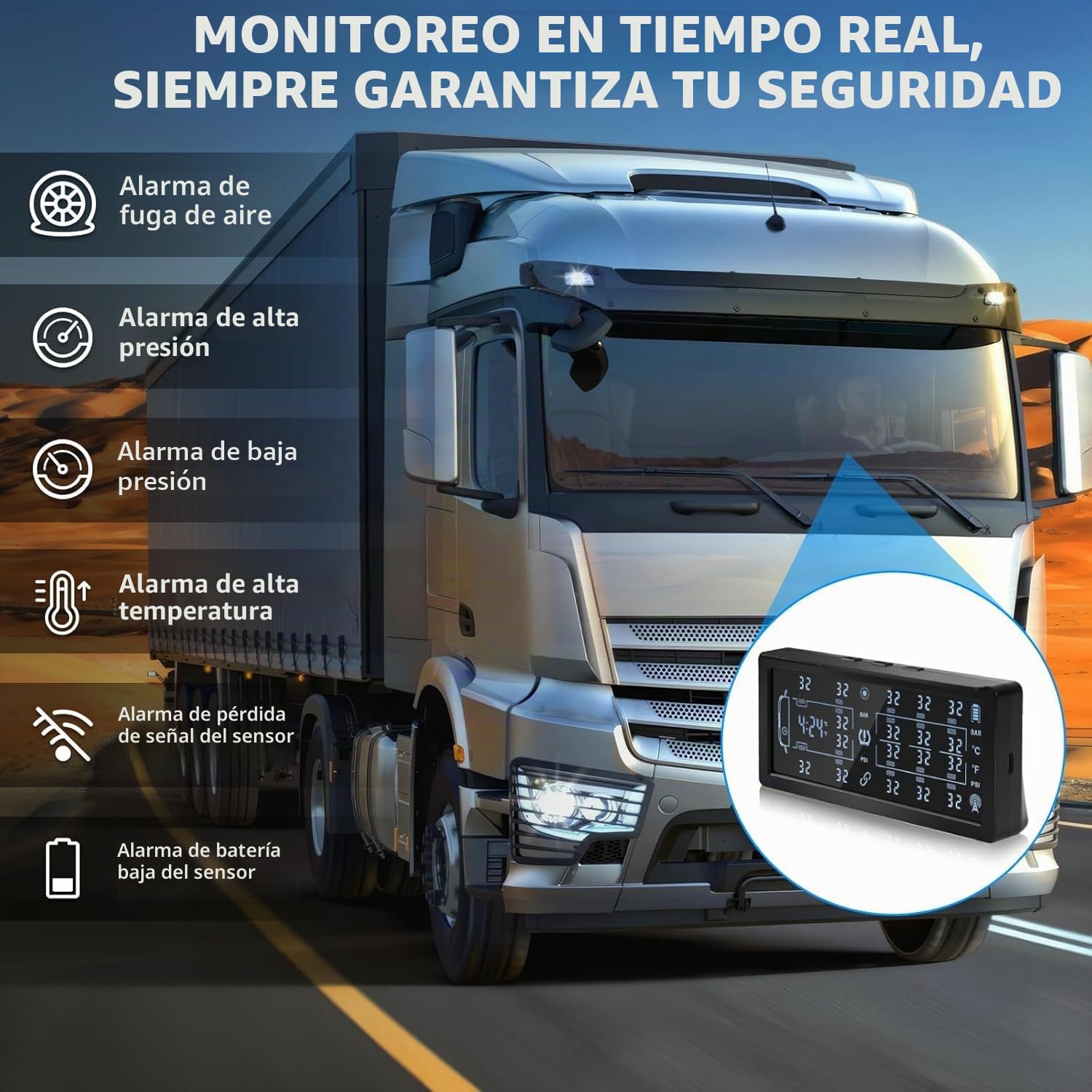Sistema de monitoreo de presión de neumáticos TPMS con carga solar y USB con 10 sensores externos, pantalla LCD y alarma de voz, ajustable para 4/6/8/10 ruedas, se adapta a automóvil, camión
