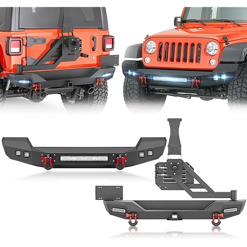 SUORTO Full Width Front Bumper and Rear Bumper with Spare Tire Carrier Compatible with 2018-2026 Jeep Wrangler JL JLU Unlimited Include 2" Hitch Receiver, LED Lights & D-rings (2/4 Doors, Black)