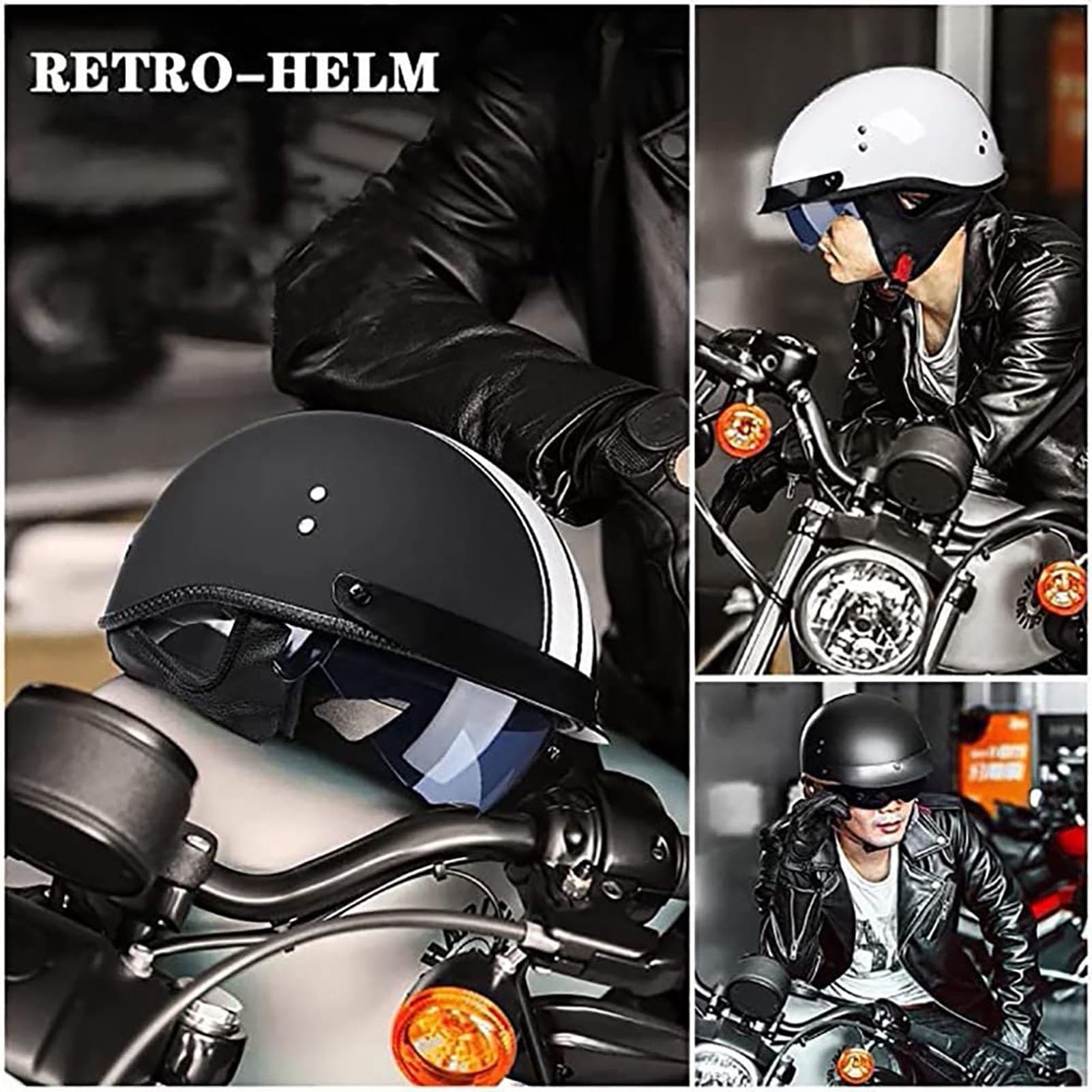 EBAYIN Casque Bol Homologué Casque Moto Vintage Casque Jet Retro Homme Femme Casque De Scooter Casque De Cyclomoteur Visière Intégrée Homologué ECE(E,L=(59~60cm))