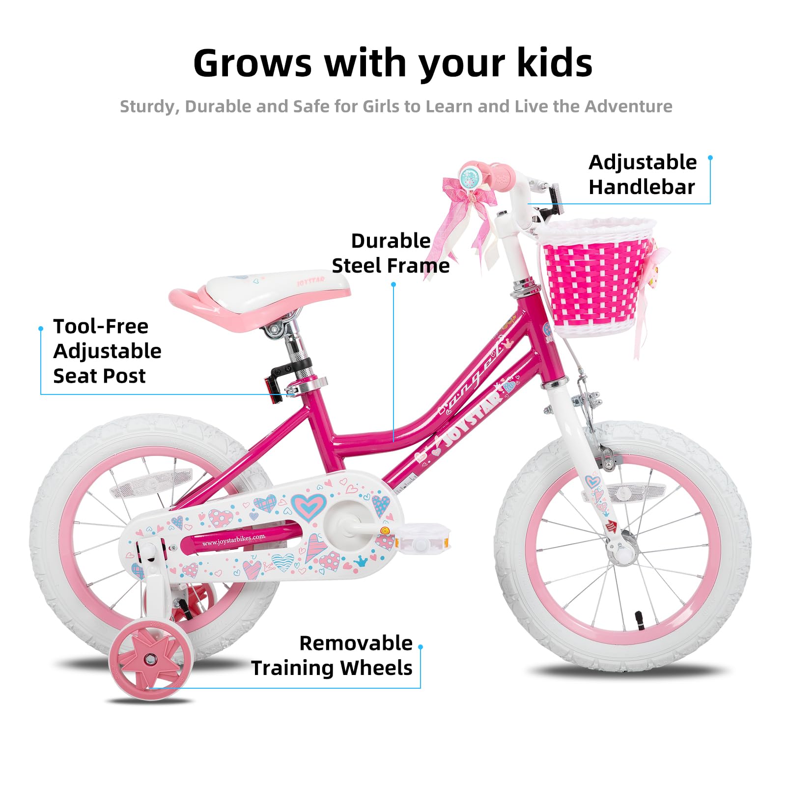 JOYSTAR Vélo Enfant 12/14/16/18/20 Pouces pour Filles 2-11 Ans, vélo Fille 12/14/16/18/20 Pouces avec stabilisateur et Panier