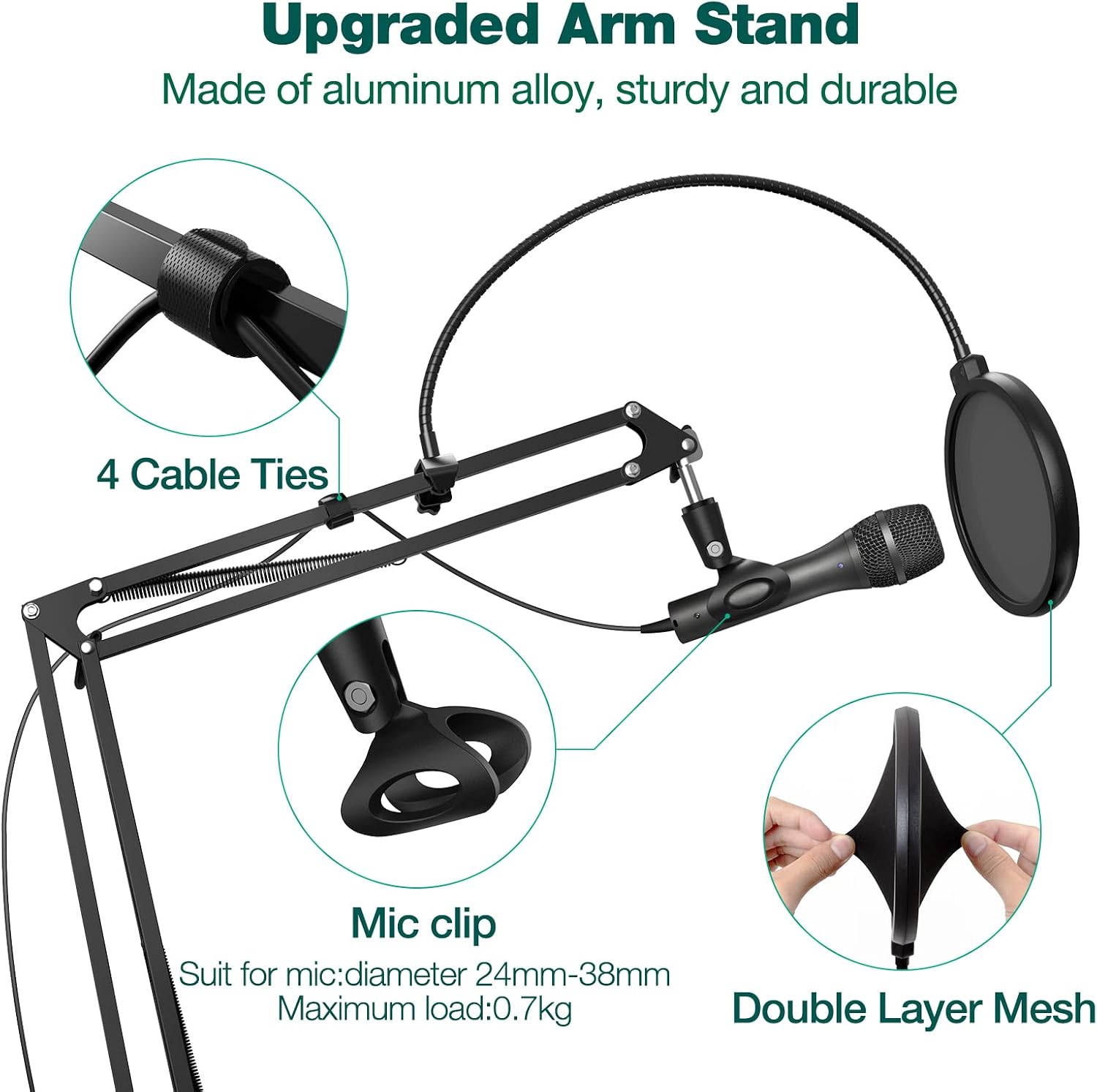 Mic Arm with Pop Filter, Heavy Duty Microphone Arm with Oversized Table Clamp, Professional Mic Stand for Studio/Podcasts/Gaming/Live Streaming, Perfect for Blue Yeti/Snowball/Other Microphones