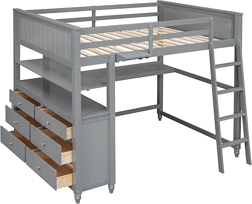 Miniatura 5 de Cama alta de madera de tamaño matrimonial con cajones de almacenamiento y escritorio cama matrimonial multifuncional con estantes y escalera