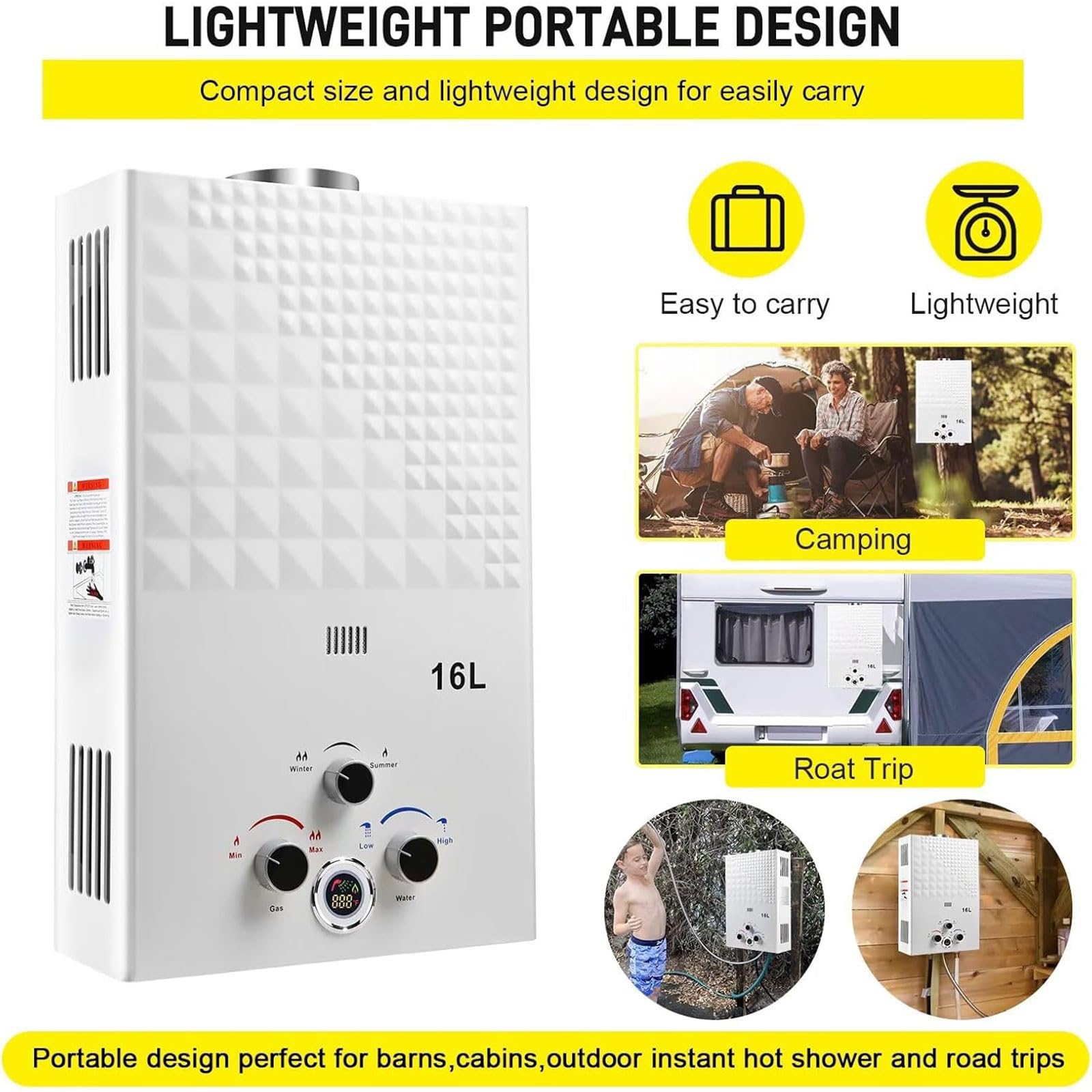Calentador de Agua a Gas, 16L Calentador de Agua LPG Instantáneo, Calentador de Agua Sin Tanque Con Pantalla LED, Para Duchas al Aire Libre [Clase de eficiencia energética A]