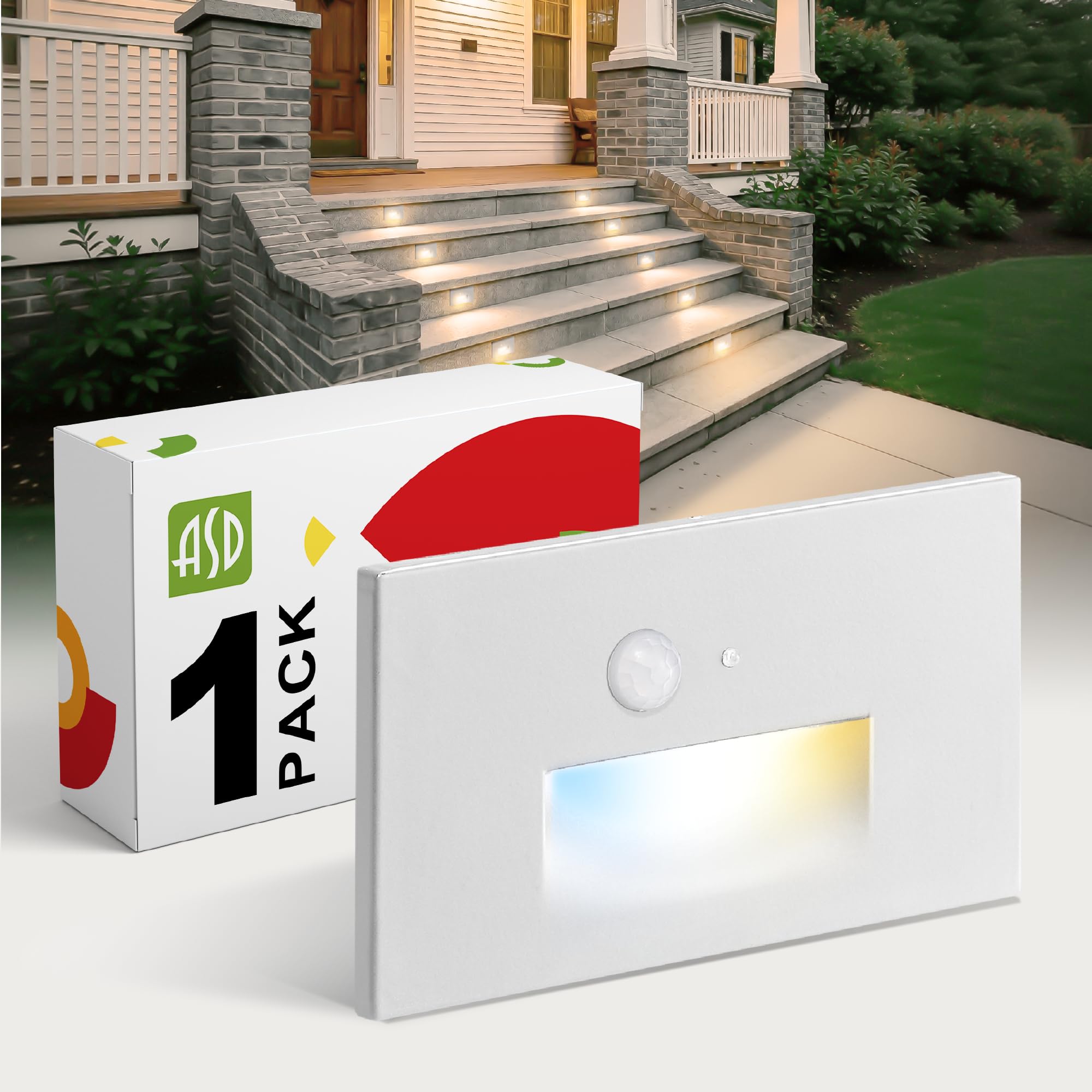 ASD LED Recessed Step Light Fixture, Dusk To Dawn Outdoor Tread Lighting | 3CCT, Motion Sensor, Photocell, Waterproof, ETL Listed | 3W 120LM 3000K-5000K 120V | Staircase Hardwired Illumination | White
